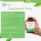 Return Healthy Binder Blend primer plano de polvo de carbón activado indicando acción absorbente