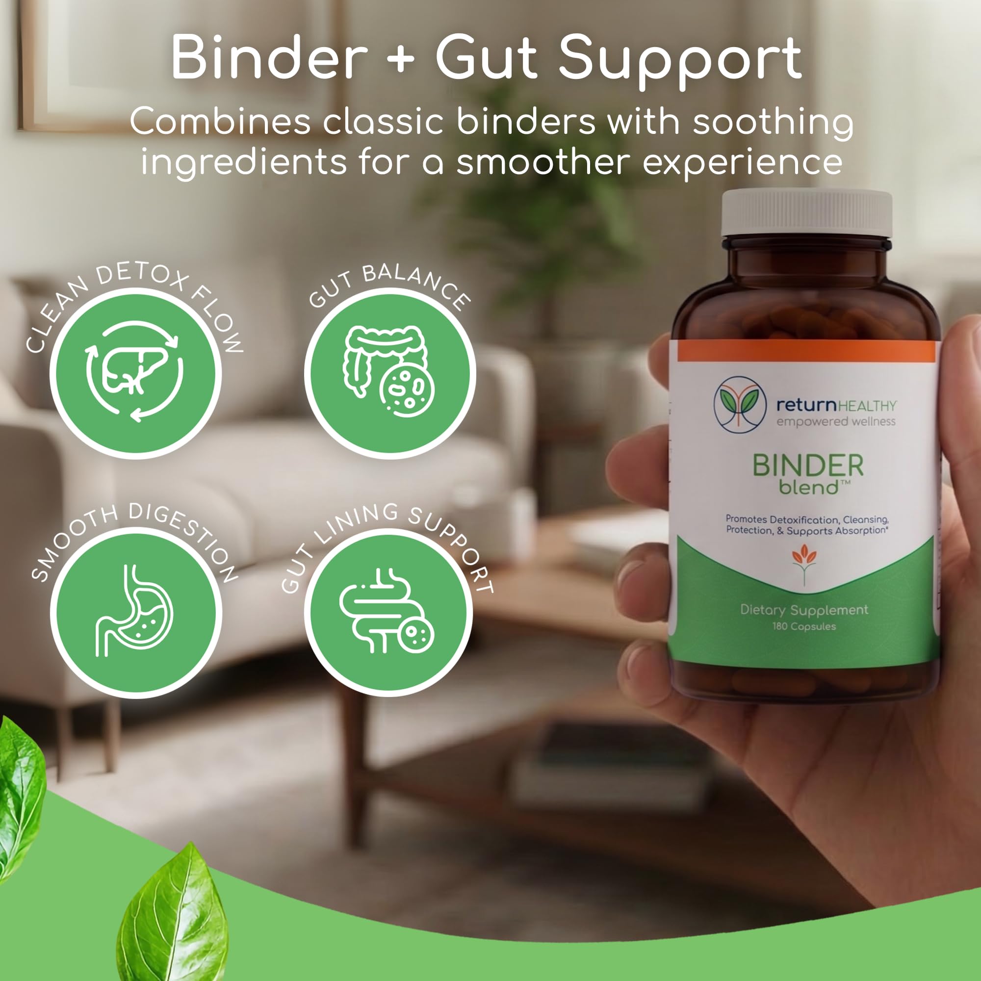 Return Healthy Binder Blend ingredientes: carbón activado, chlorella y bentonita en cucharas