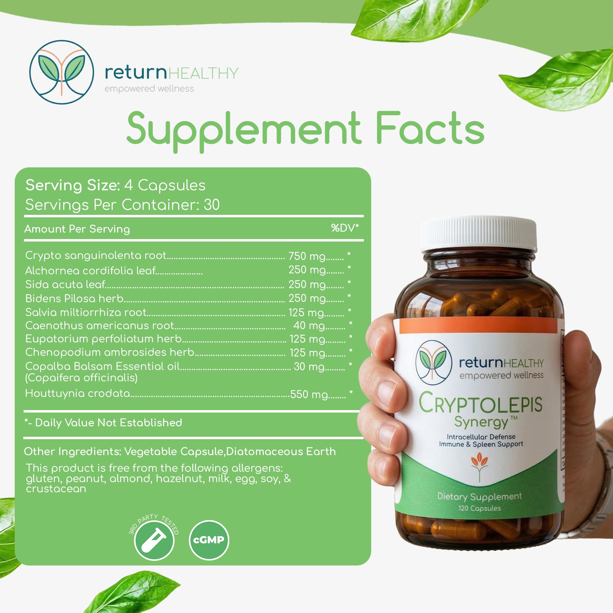 Return Healthy cápsula vegana en primer plano enfatizando formulación sin aditivos