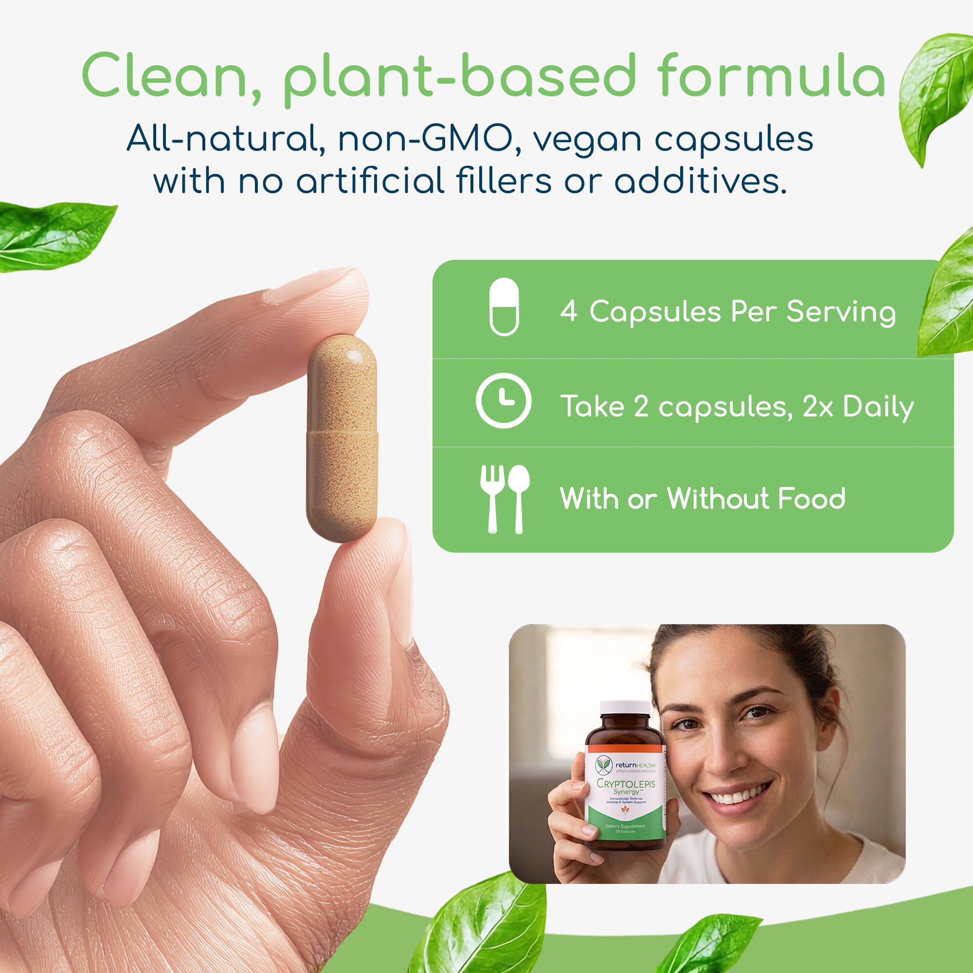 Return Healthy botella junto a plantas frescas sugiriendo origen herbal natural