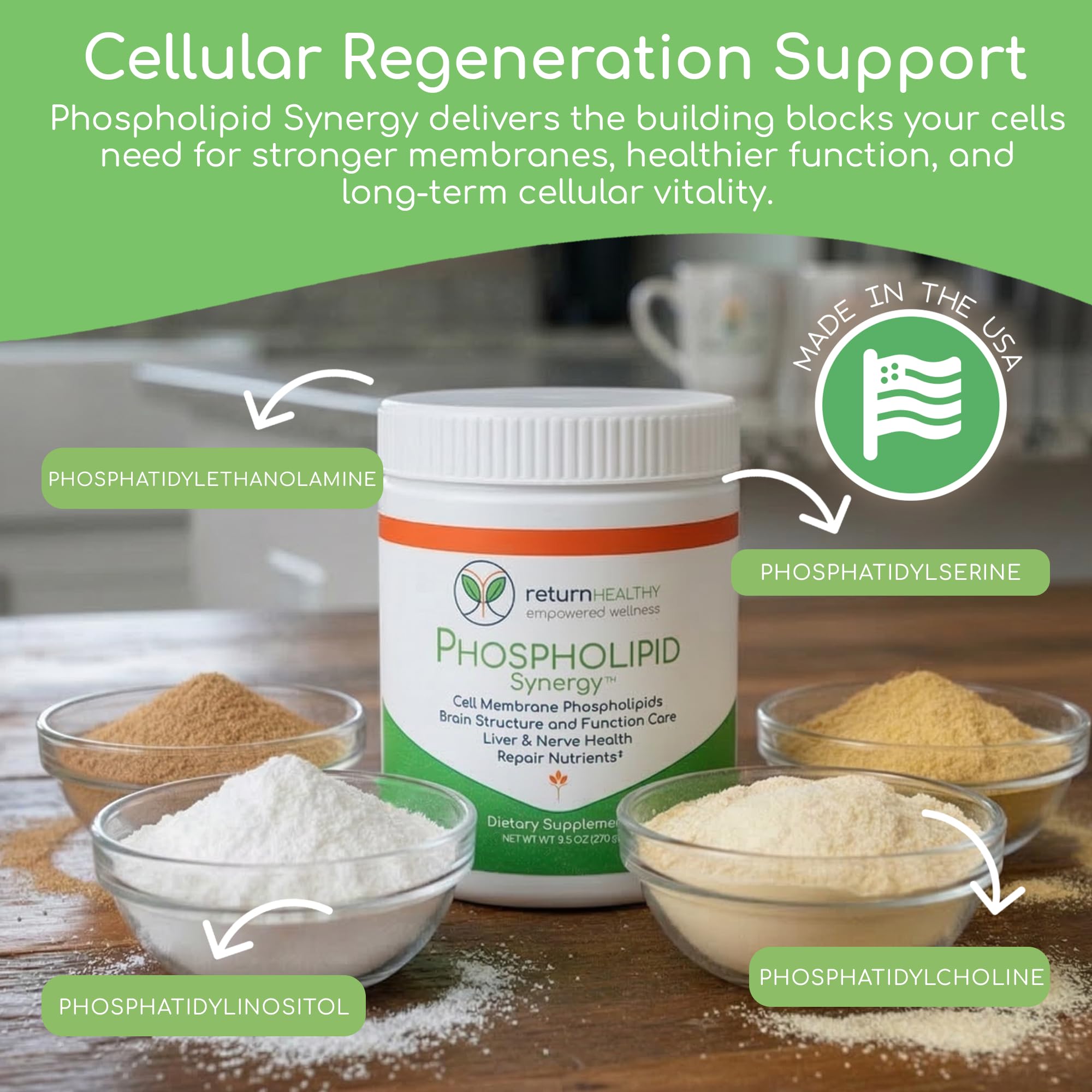 Return Healthy textura en polvo en primer plano, demuestra solubilidad y mezcla fácil
