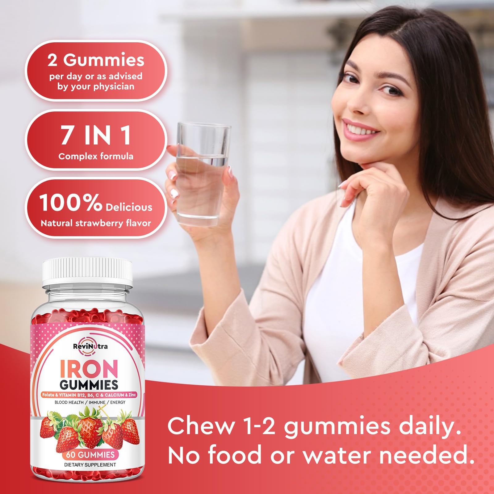 Envase abierto ReviNutra Iron Gummies con gominolas visibles y cierre seguro