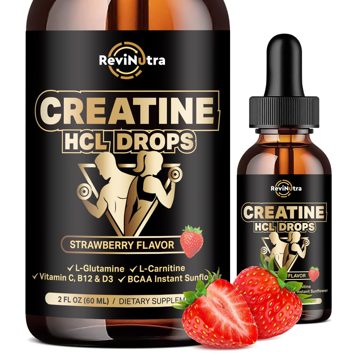 ReviNutra frente del envase, creatina líquida práctica y portable