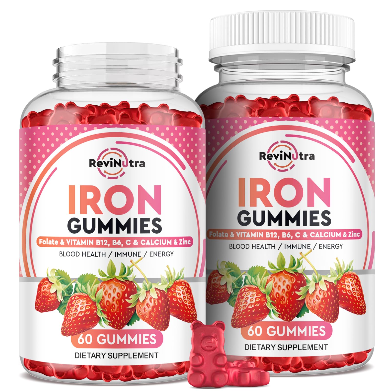 ReviNutra frasco frontal mostrando Iron Gummies con sabor fresa y beneficios