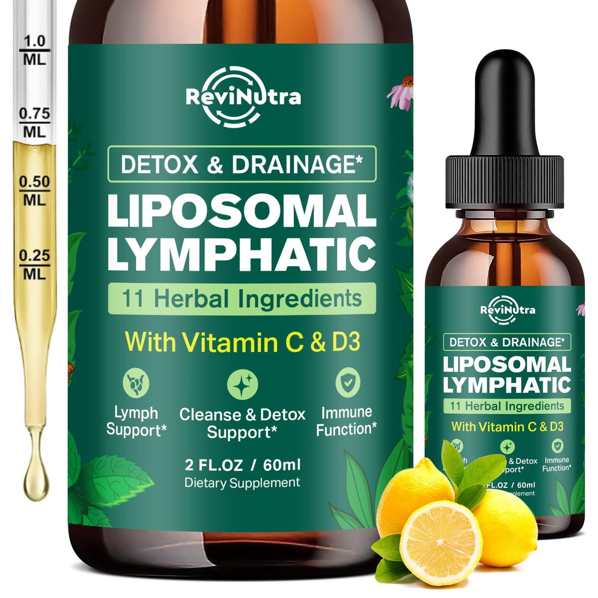 ReviNutra botella frontal liposomal con etiqueta clara y beneficios