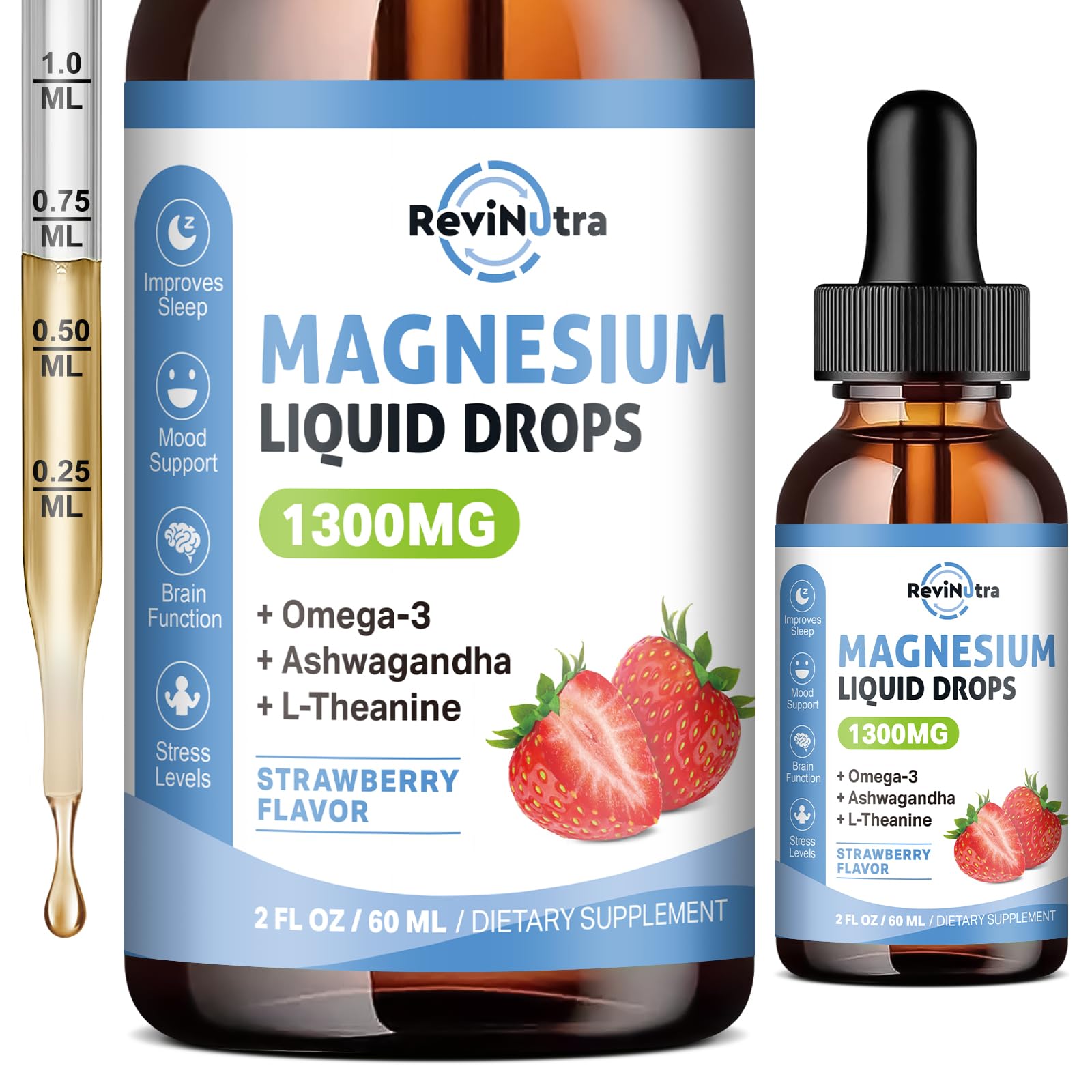 ReviNutra frontal de la botella mostrando fórmula triple magnesio y beneficios