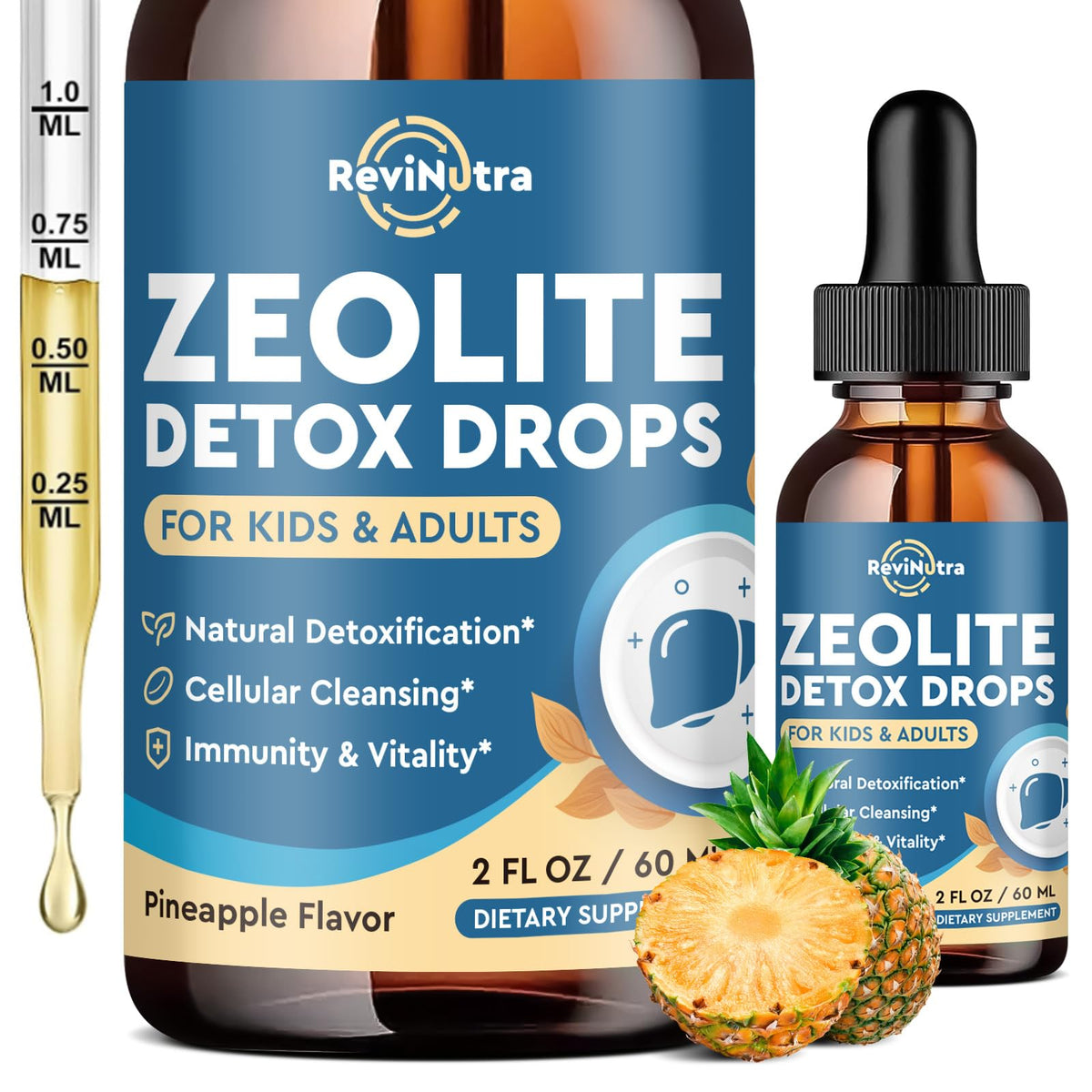 ReviNutra botella frontal con zeolite en gotas muestra presentación clara