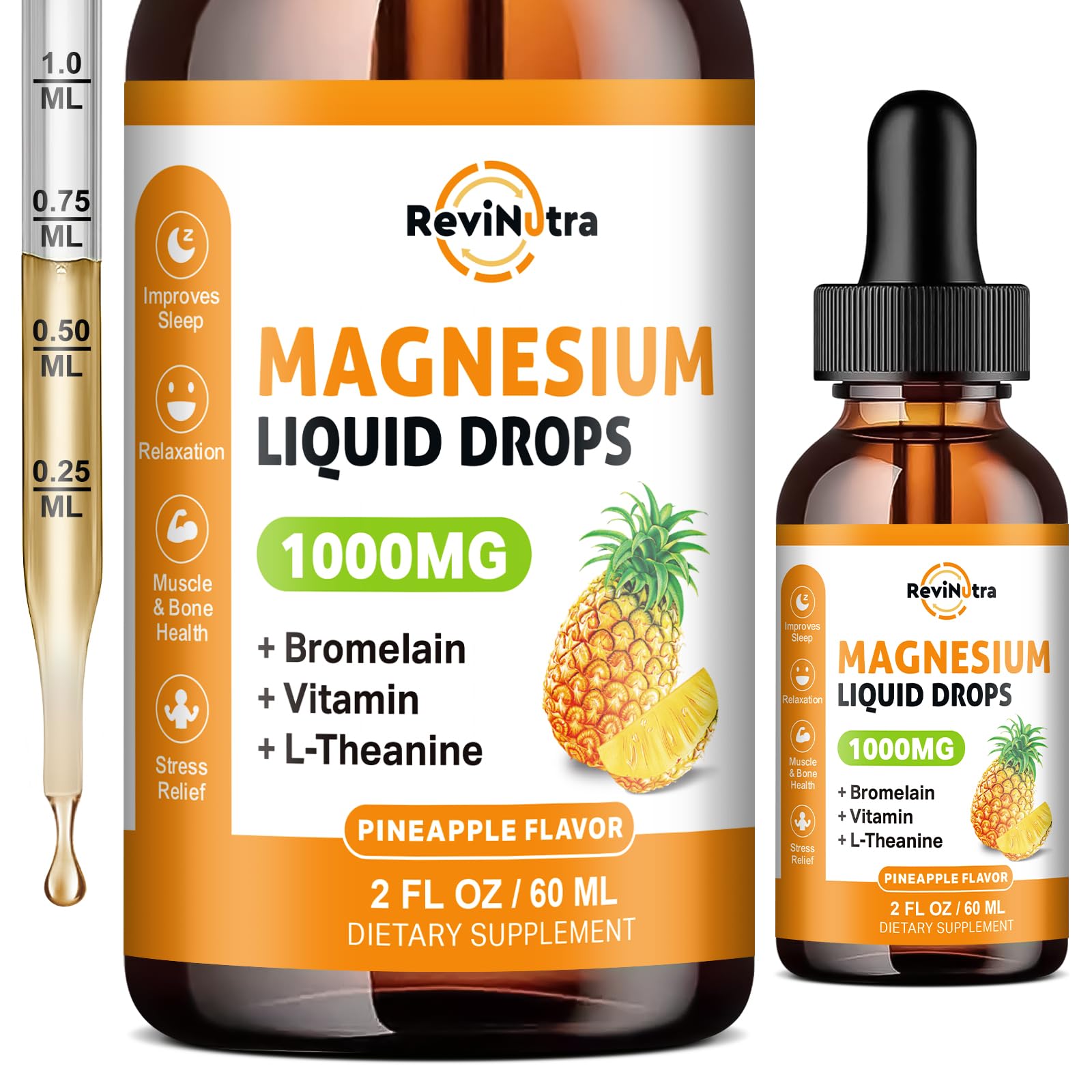 ReviNutra envase frontal de gotas de magnesio con beneficio de absorción rápida
