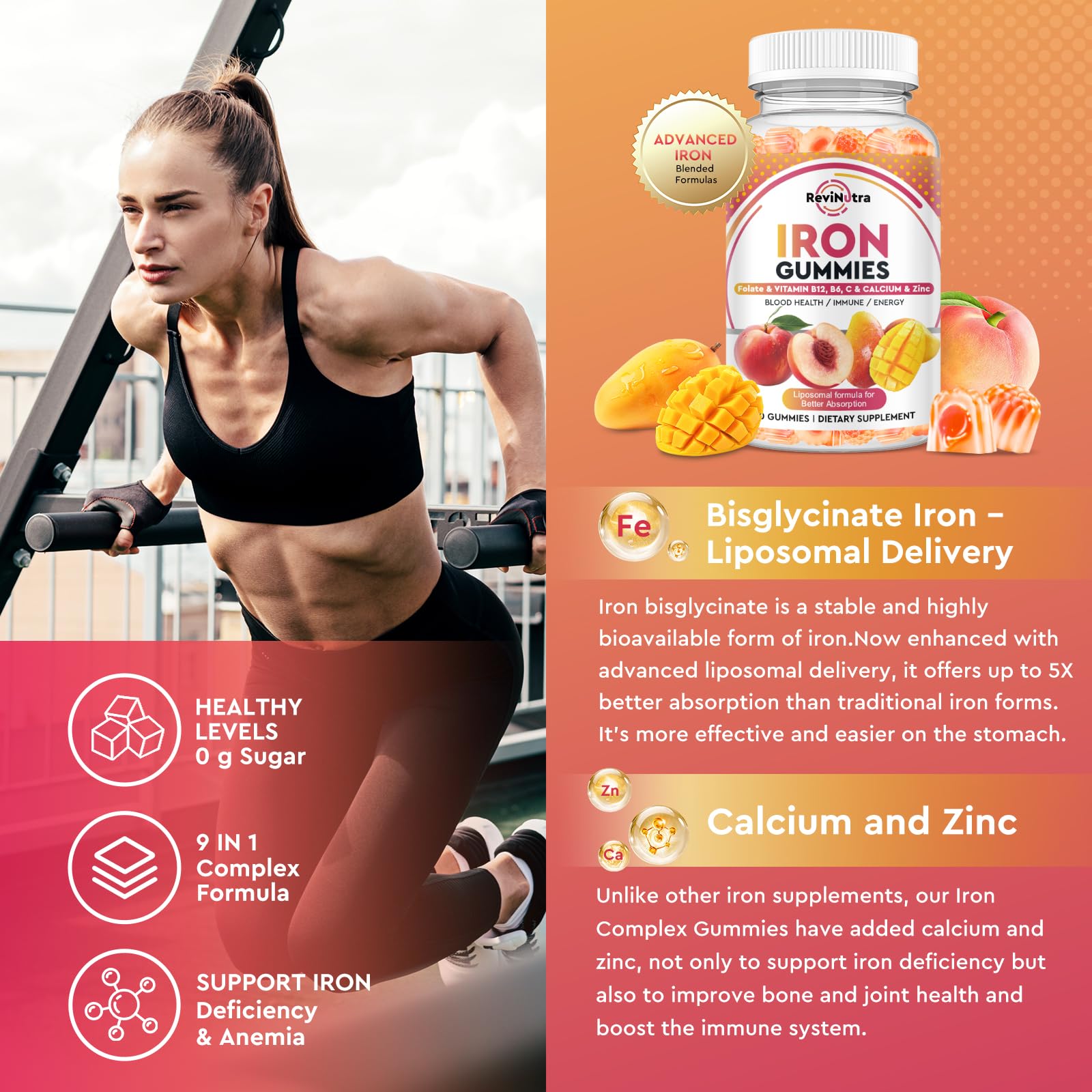 Etiqueta nutricional de ReviNutra con lista de hierro, vitaminas y minerales clave