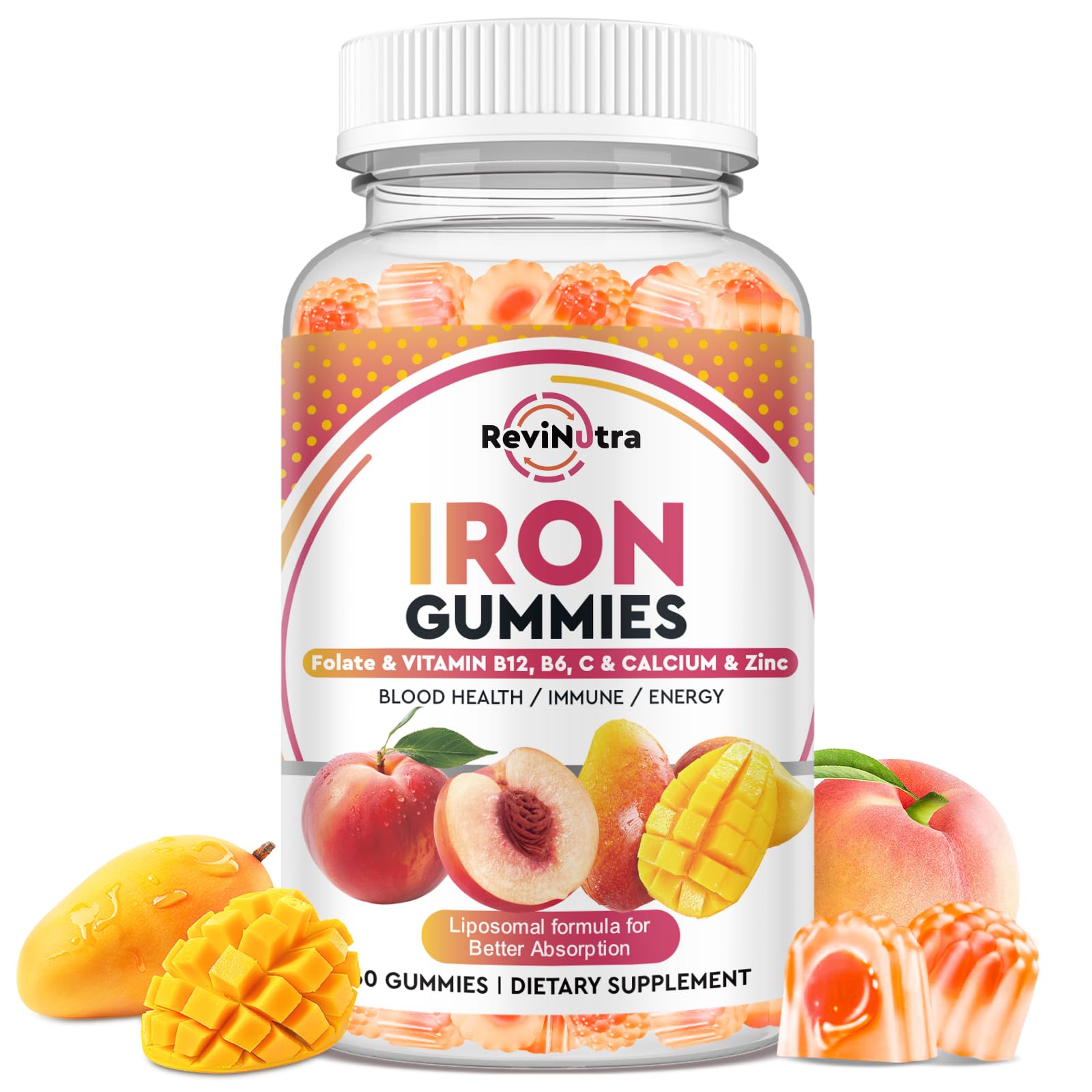 ReviNutra frasco frontal de gomitas de hierro con sabor durazno y mango, presentación clara