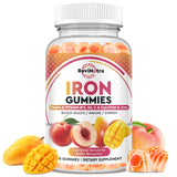 ReviNutra frasco frontal de gomitas de hierro con sabor durazno y mango, presentación clara
