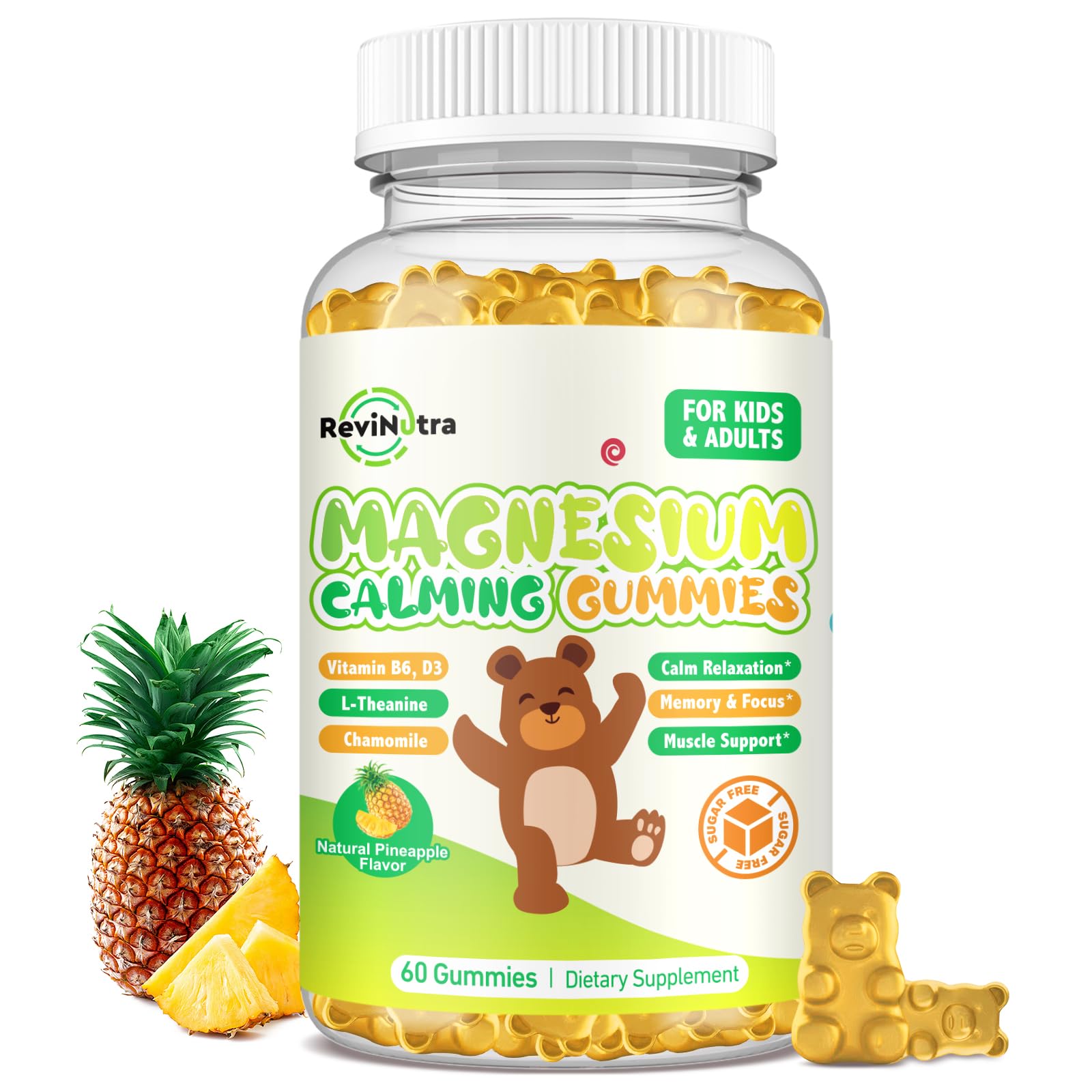 ReviNutra envase frontal mostrando gomitas y sabor piña, práctico y atractivo