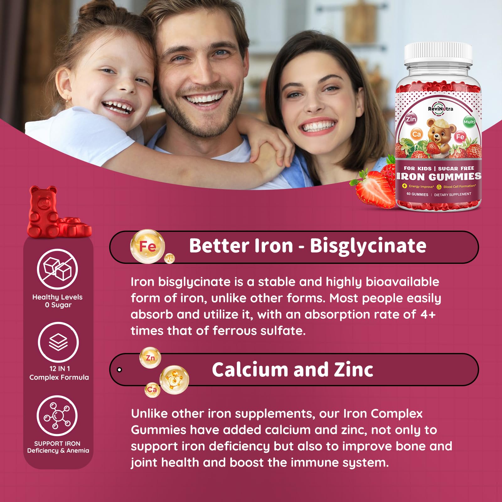 ReviNutra etiqueta de ingredientes destacando hierro biodiversible y vitaminas