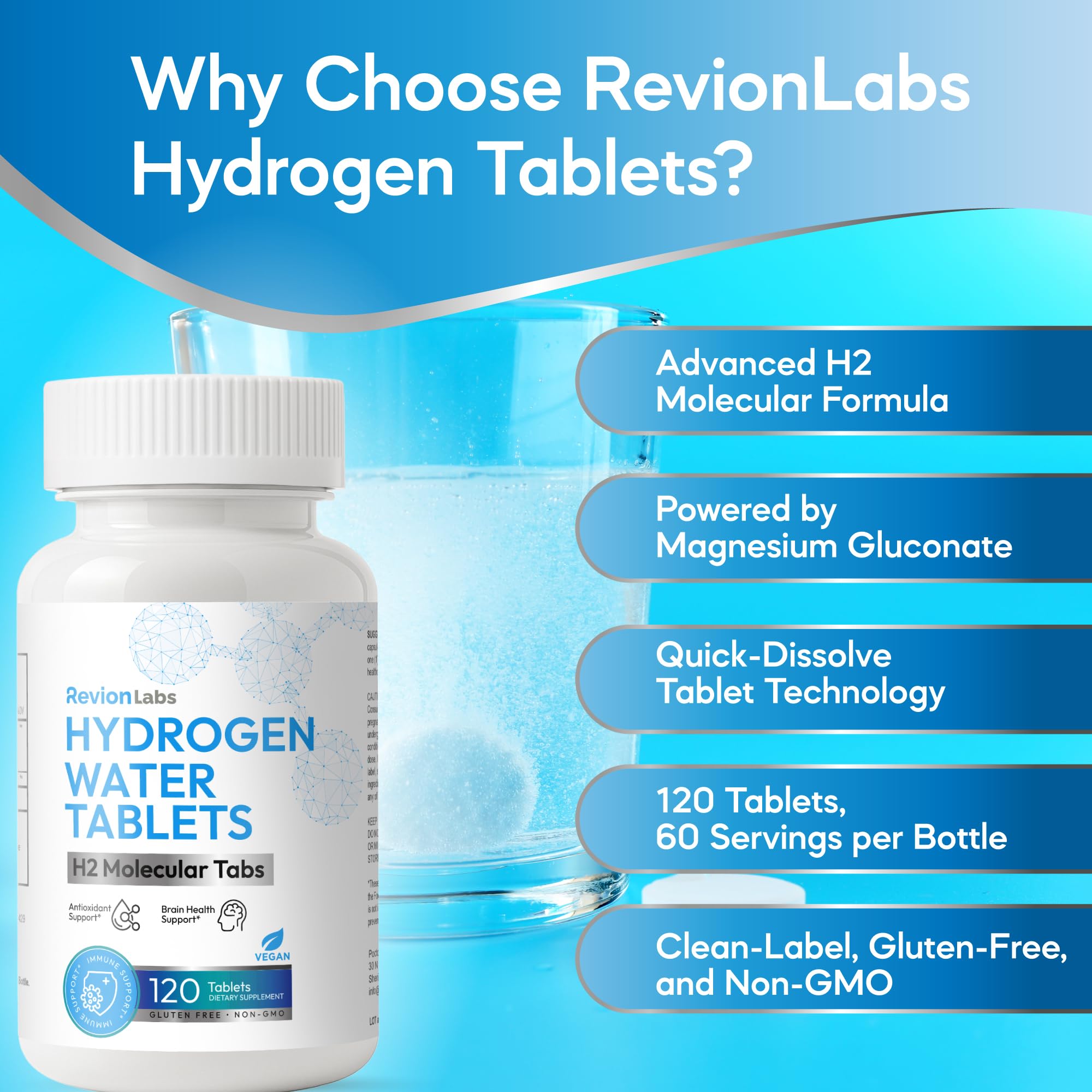 Revion LABS frasco abierto con 120 tabletas para uso prolongado y ahorro