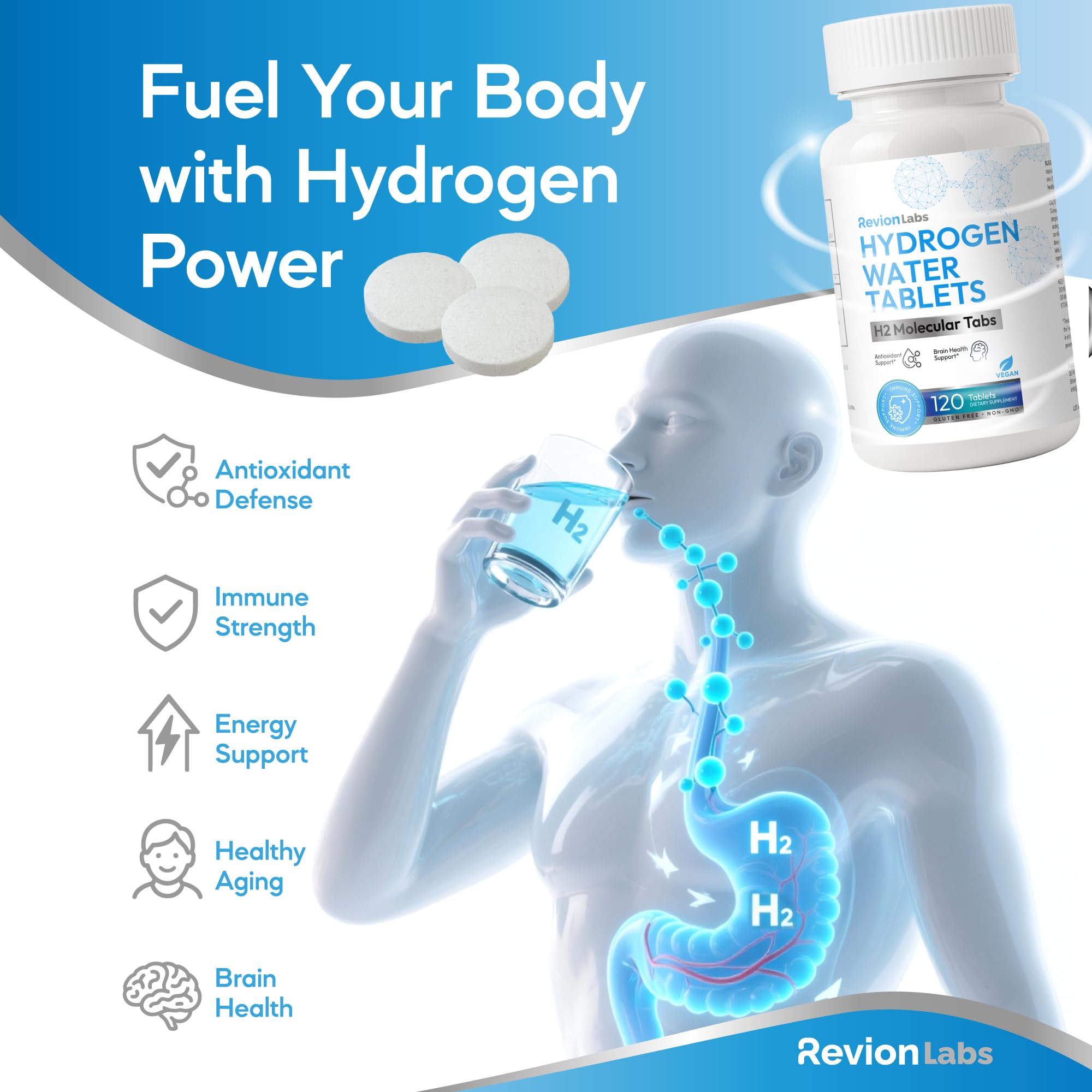 Revion LABS tableta disolviéndose en agua ofreciendo H2 antioxidant natural