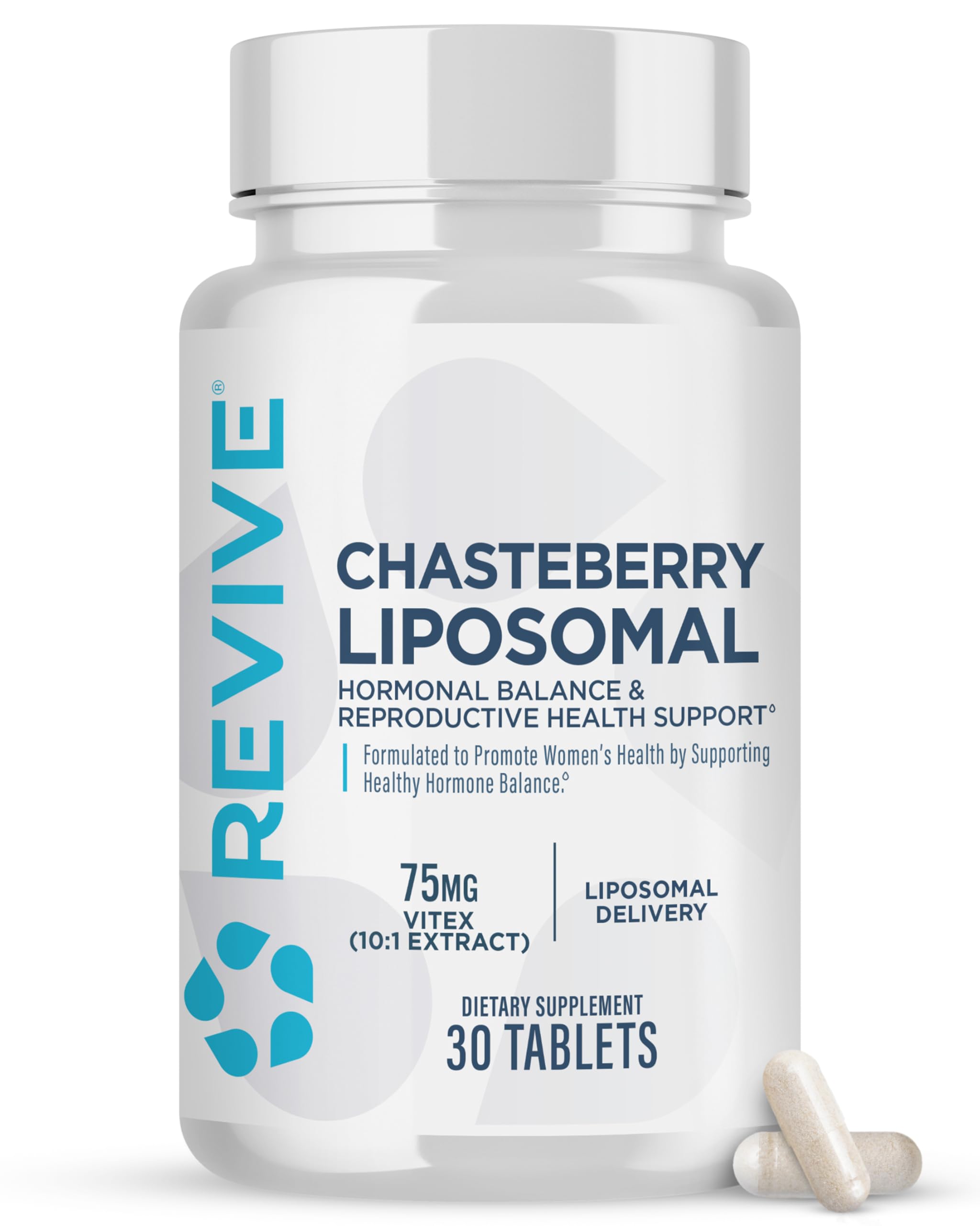 Revive chasteberry vista frontal del envase mostrando tabletas y marca