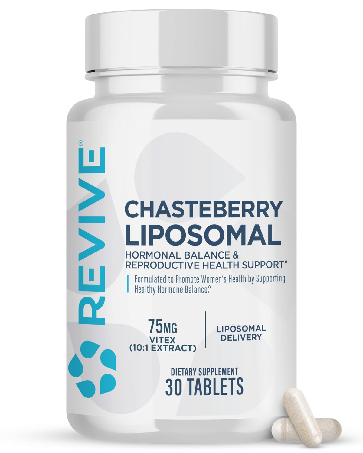 Revive chasteberry vista frontal del envase mostrando tabletas y marca