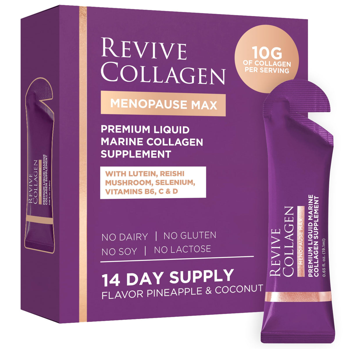 Revive Collagen envase frontal mostrando 14 sobres, práctico y portátil