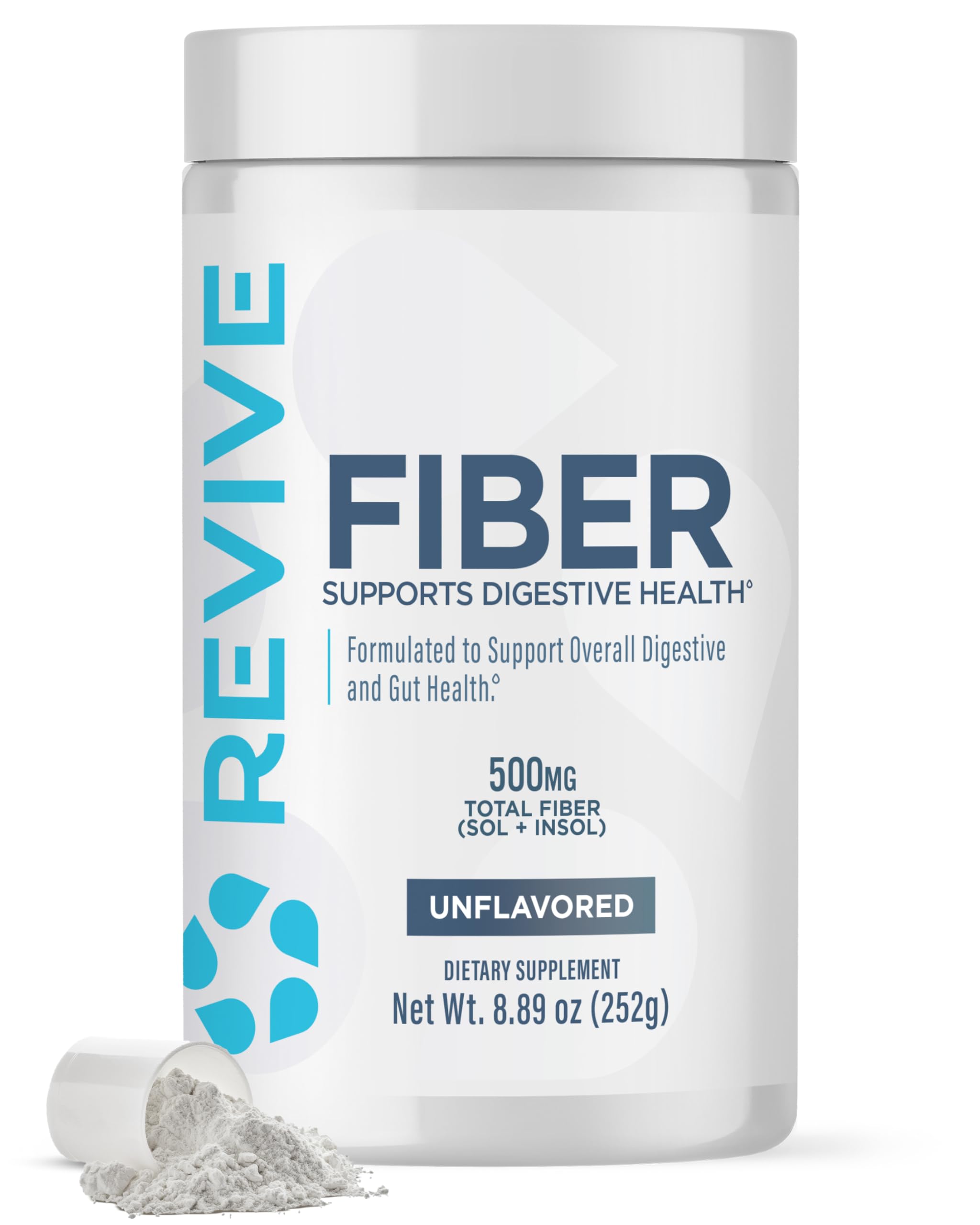 Revive MD envase frontal del suplemento de fibra sin sabor promueve regularidad