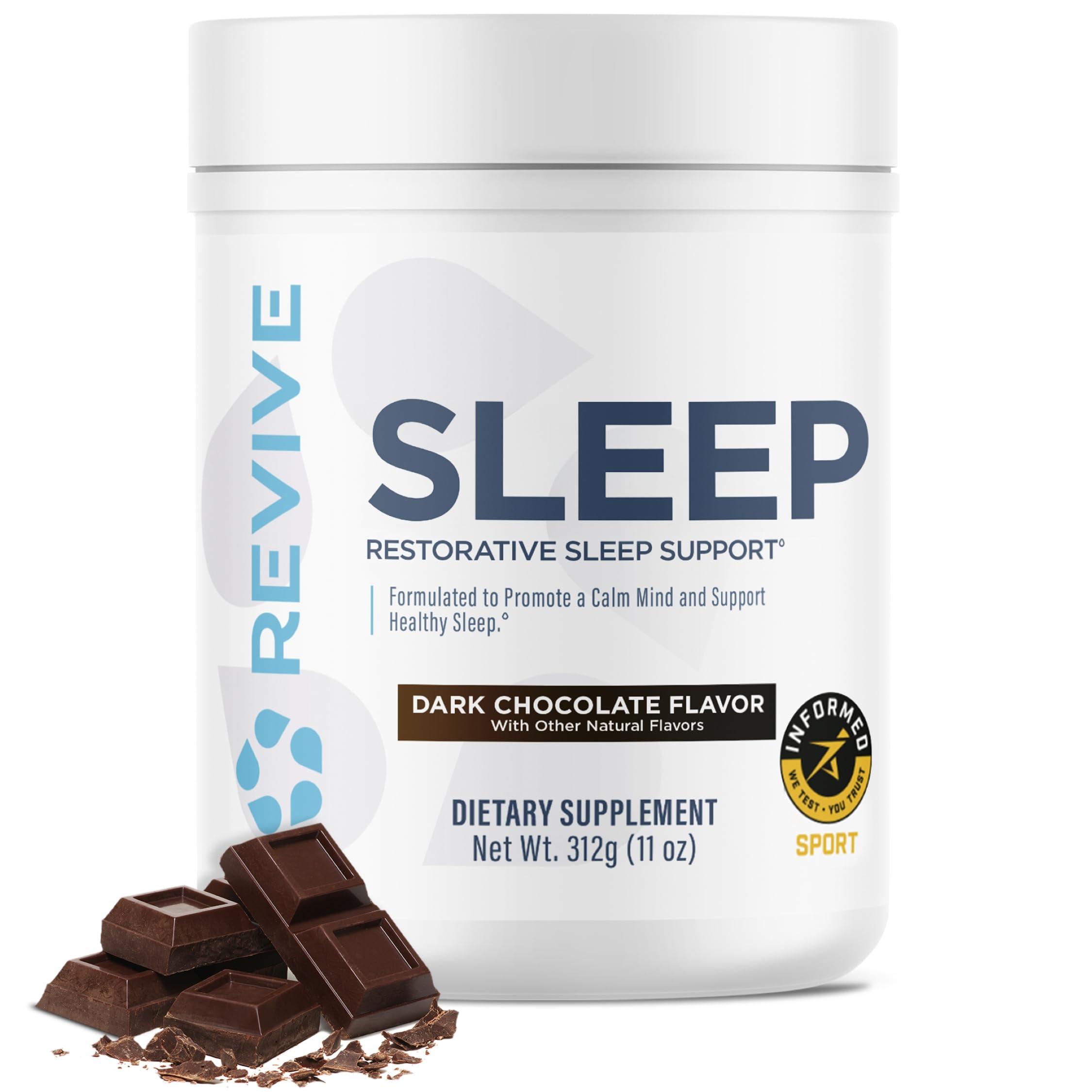 Revive envase frente mostrando sabor chocolate y beneficio descanso relajante