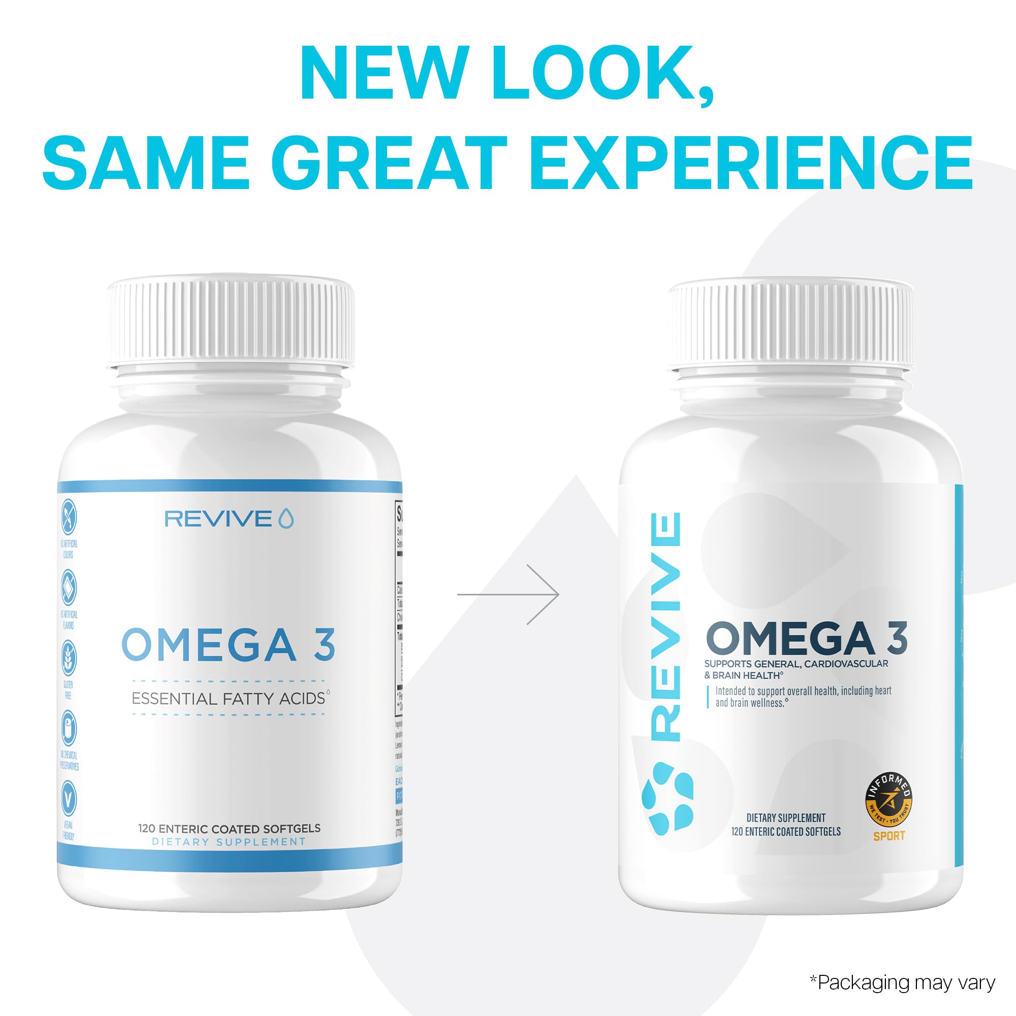 Envase Revive MD abierto con softgels visibles para inspección del producto