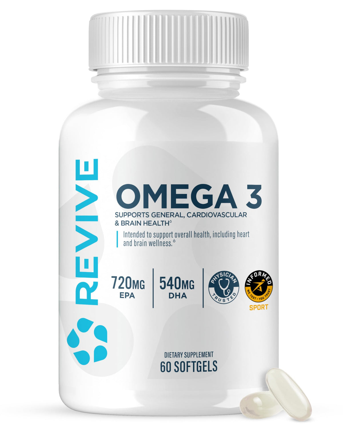 Revive MD frontal del envase mostrando 120 softgels y etiqueta clara para compra informada