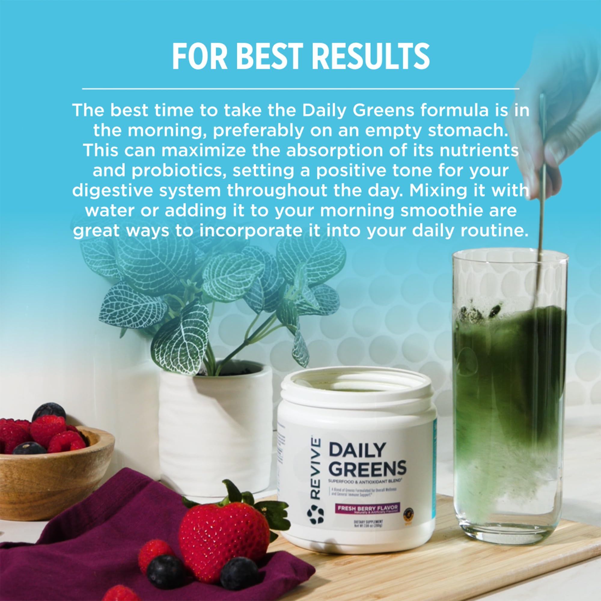 Revive vaso con bebida fresh berry, sabor agradable y refrescante