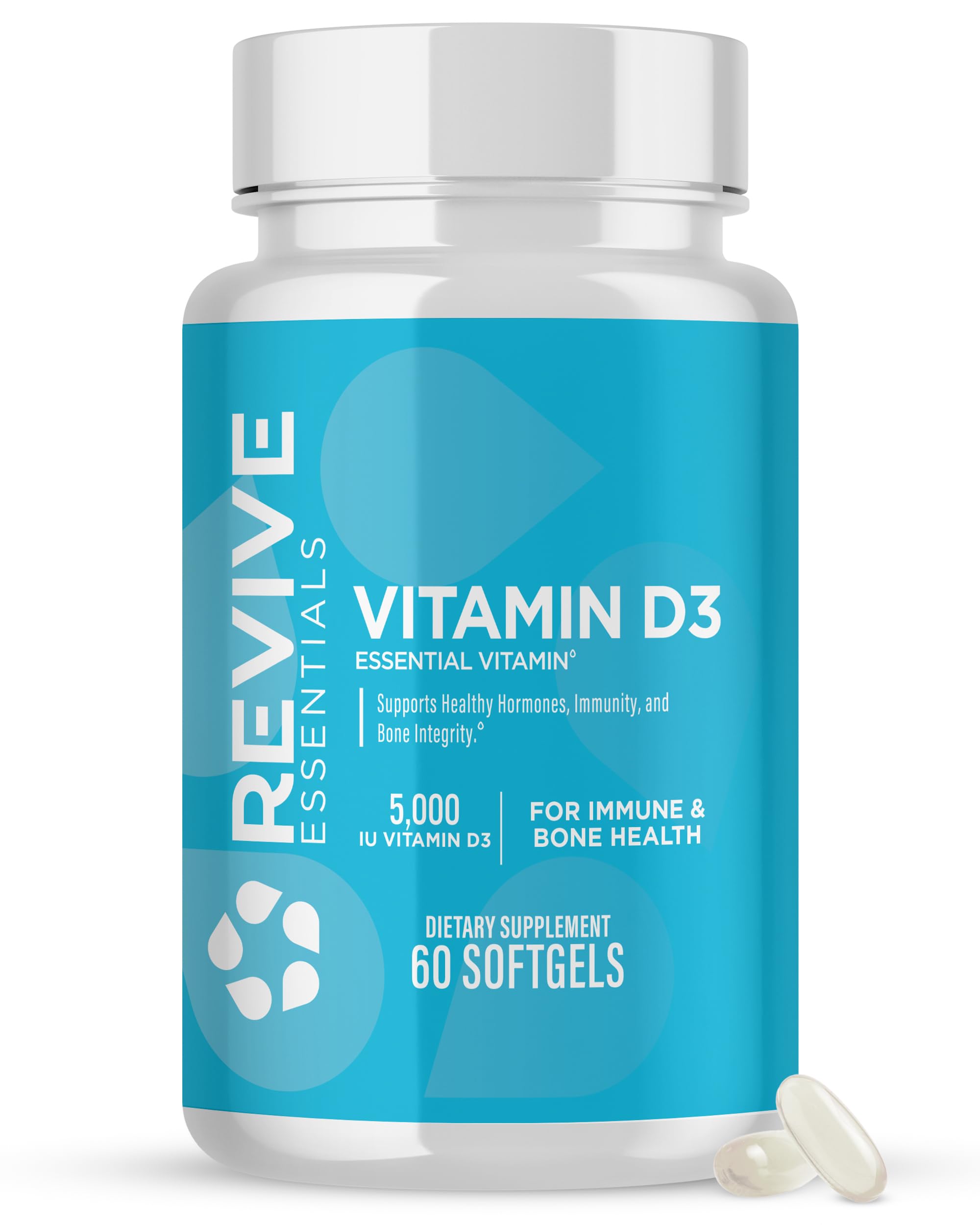 Revive MD frasco frontal mostrando 60 softgels y información clara