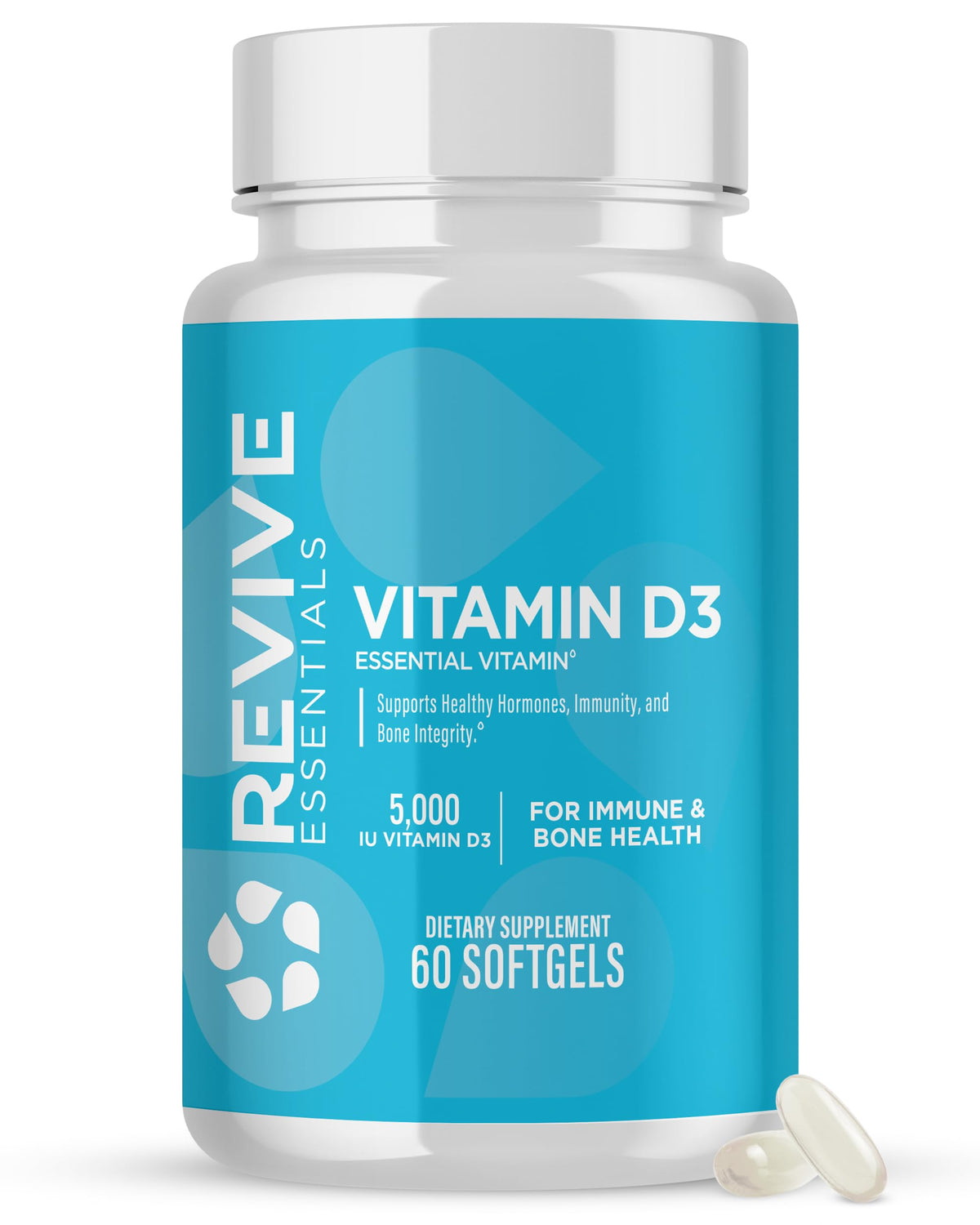 Revive MD frasco frontal mostrando 60 softgels y información clara