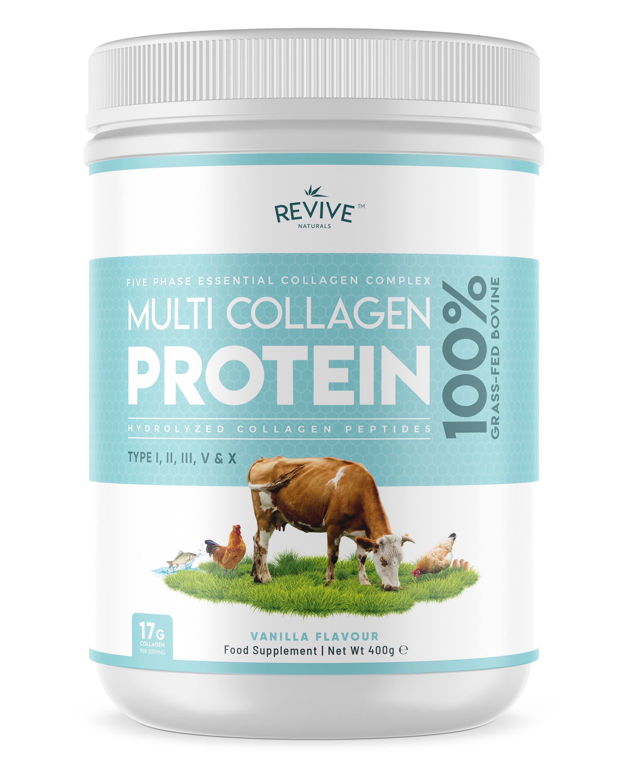 Revive Naturals empaque frontal mostrando 400 g y sabor vainilla, claridad de uso