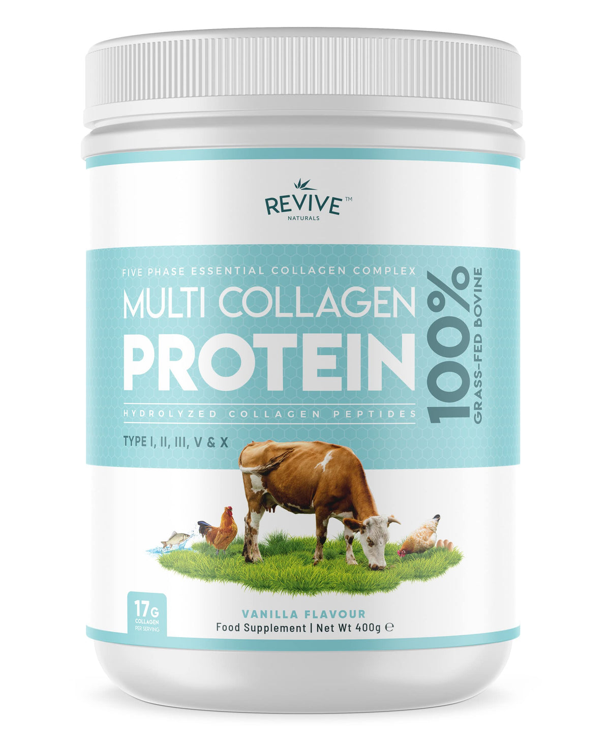Revive Naturals empaque frontal mostrando 400 g y sabor vainilla, claridad de uso