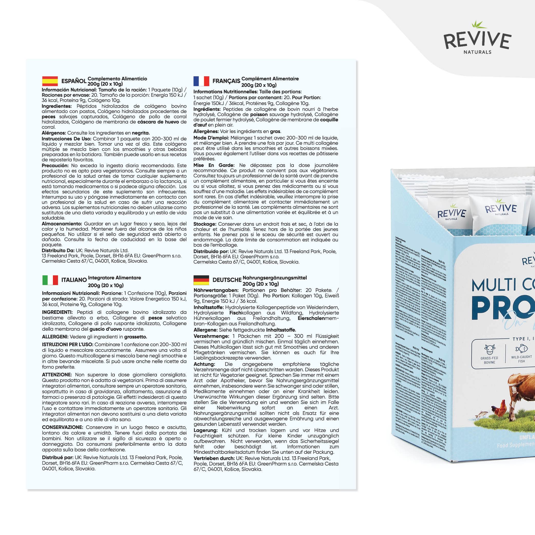 Revive Naturals fuentes: vacuno pasto, pescado salvaje, pollo libre y huevo