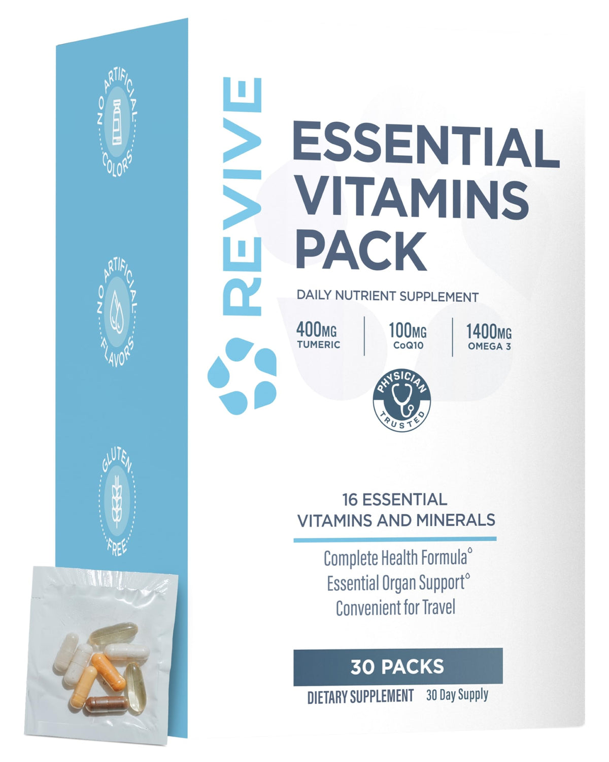 Revive paquete frontal mostrando diseño y beneficio de conveniencia