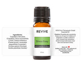 Revive Essential Oils etiqueta detalle que muestra origen y pureza transparente