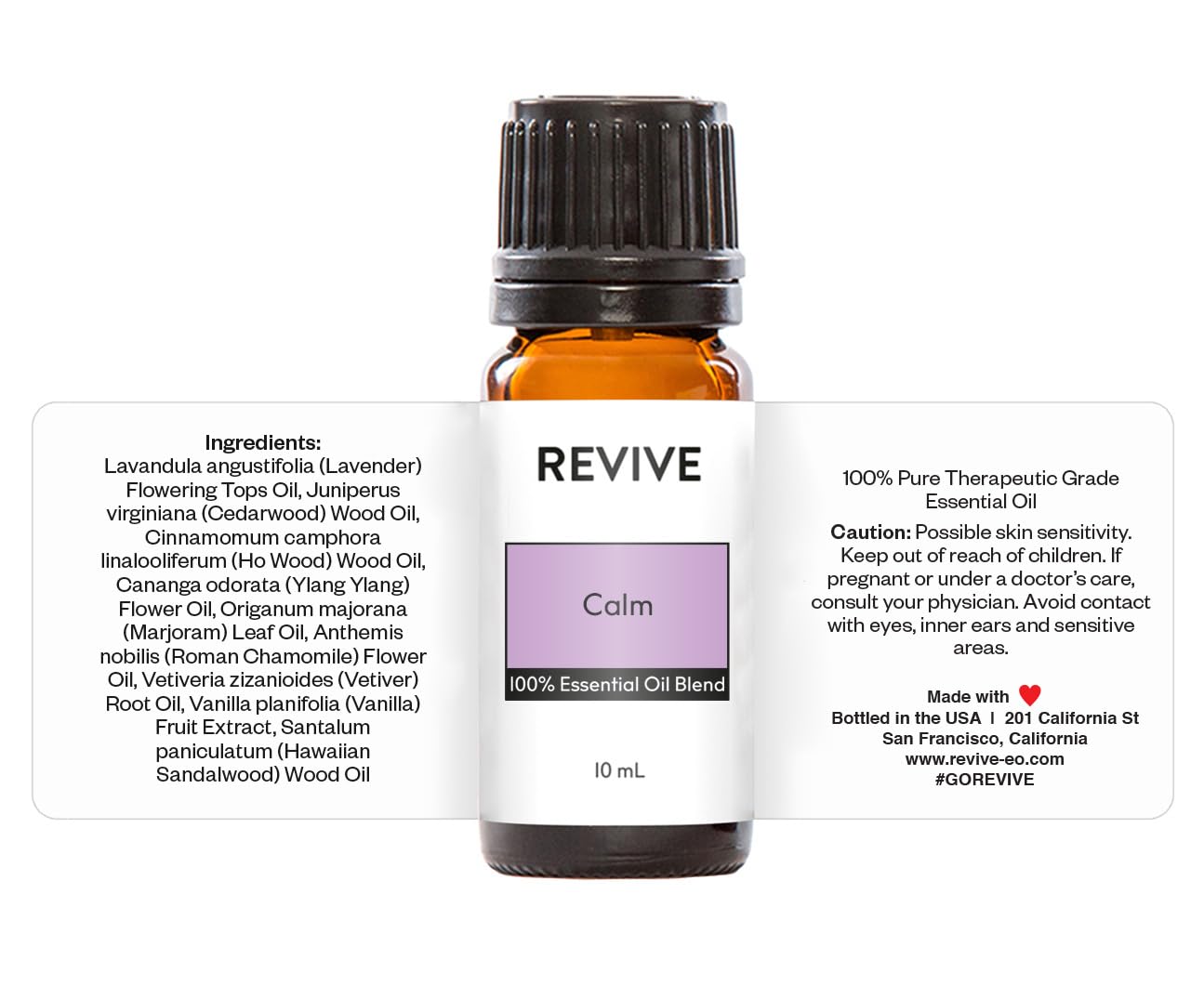 REVIVEEO Calm etiqueta con lista de ingredientes y origen, transparencia y trazabilidad