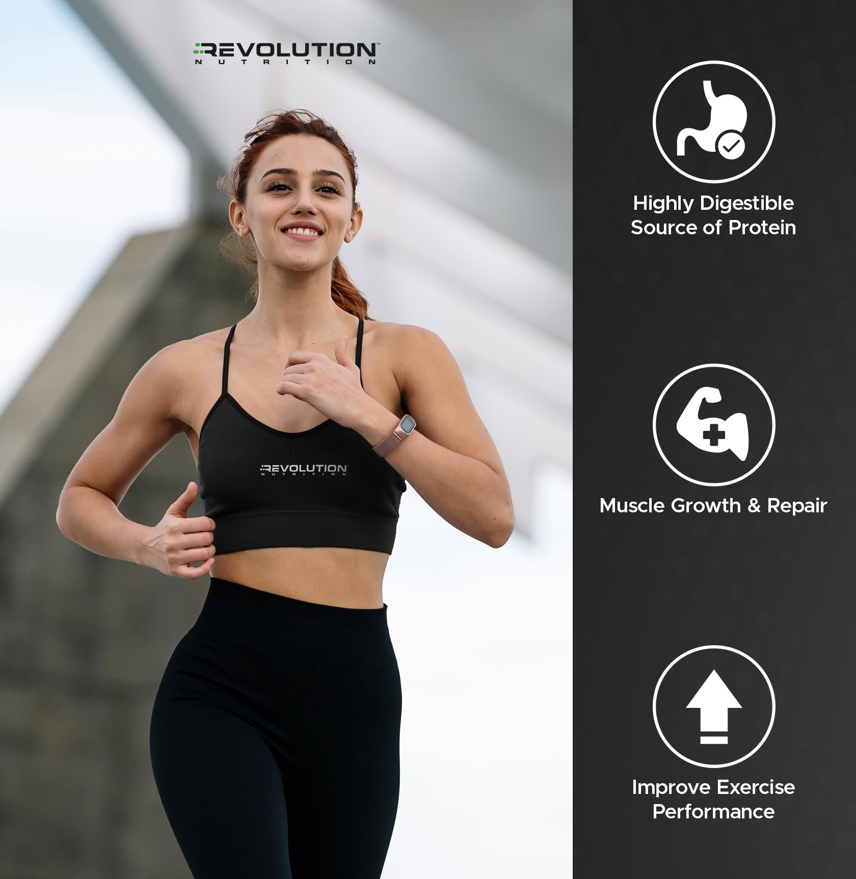 Revolution Nutrition envase junto a botella para comparar tamaño y duración