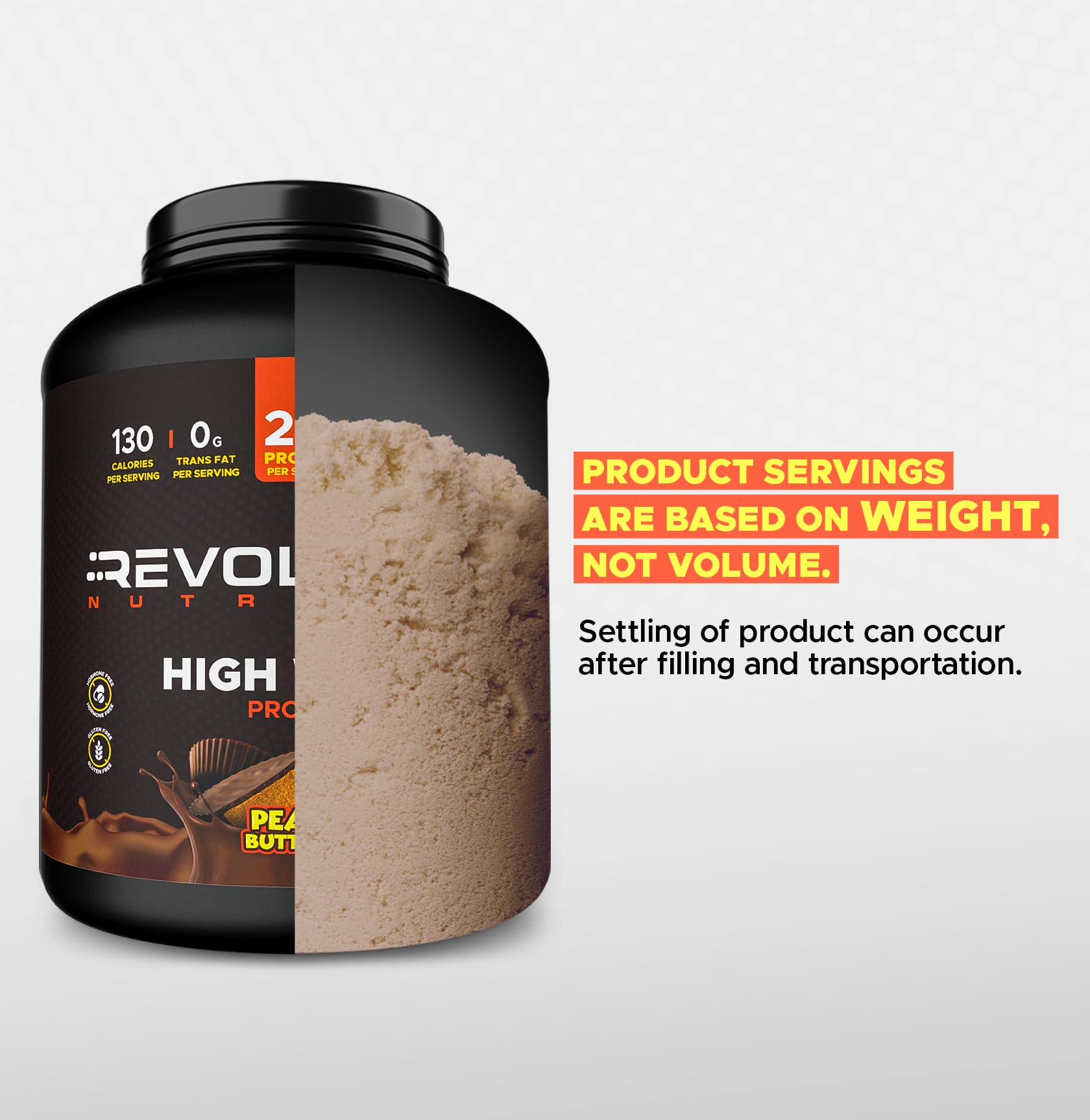 Revolution Nutrition polvo junto a cacahuetes y chocolate para sugerir sabor