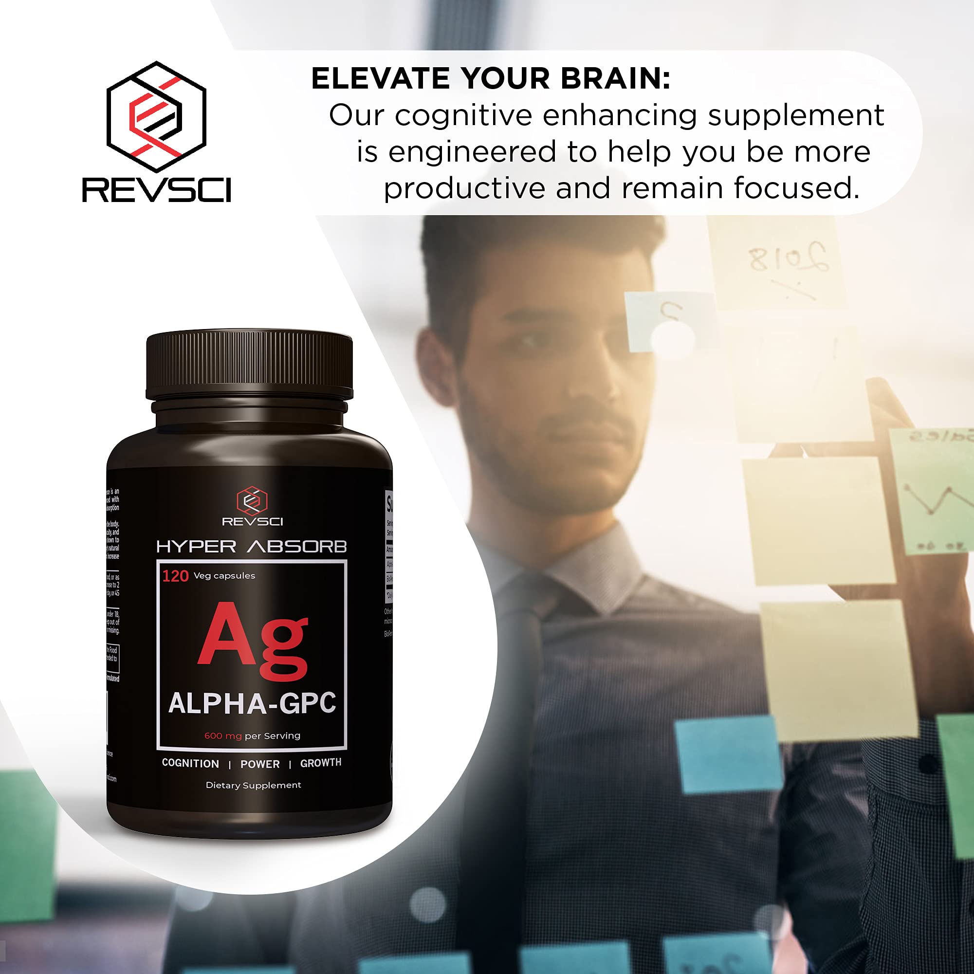 Revolution Science etiqueta nutricional ampliada destacando 600 mg por porción