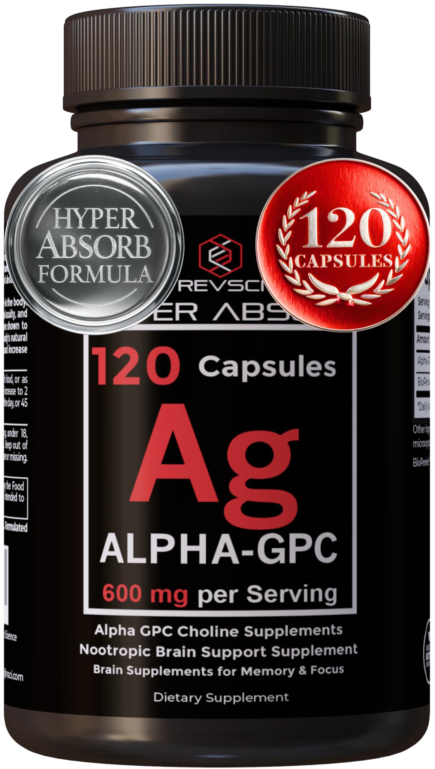 Revolution Science envase frontal de Alpha GPC mostrando dosis clara y beneficio cognitivo