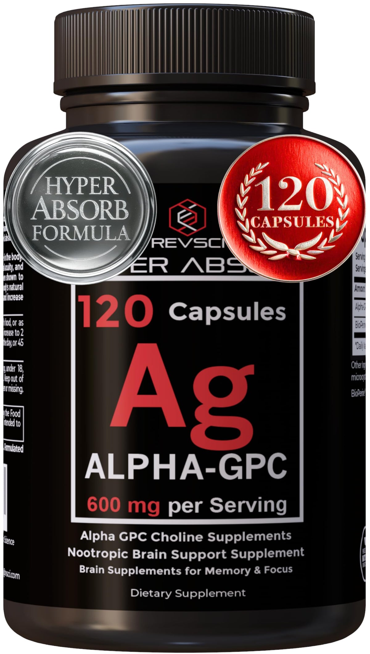 Revolution Science envase frontal de Alpha GPC mostrando dosis clara y beneficio cognitivo