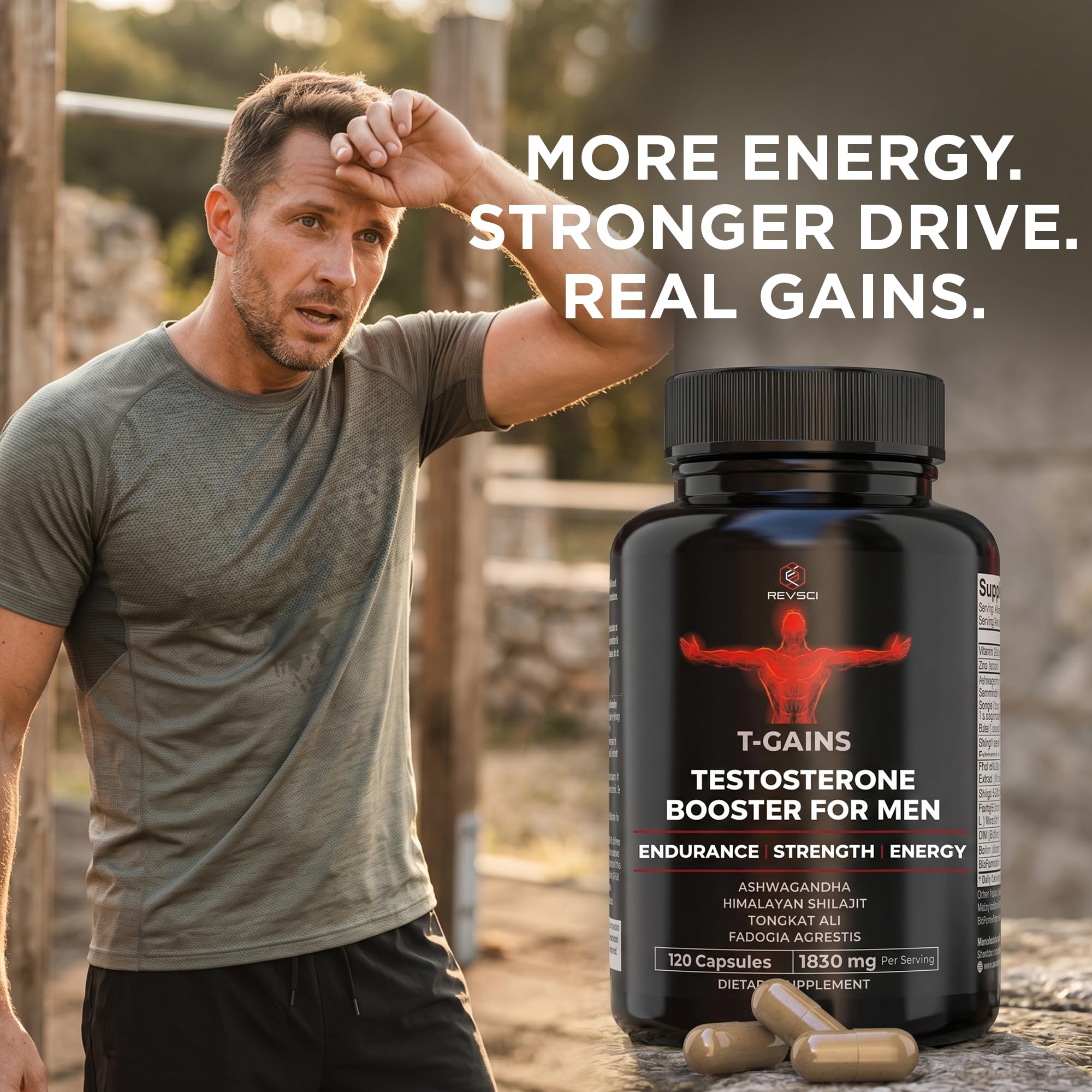 Etiqueta nutricional de Revolution Science T‑GAINS enfocada en ingredientes y dosificación confiable