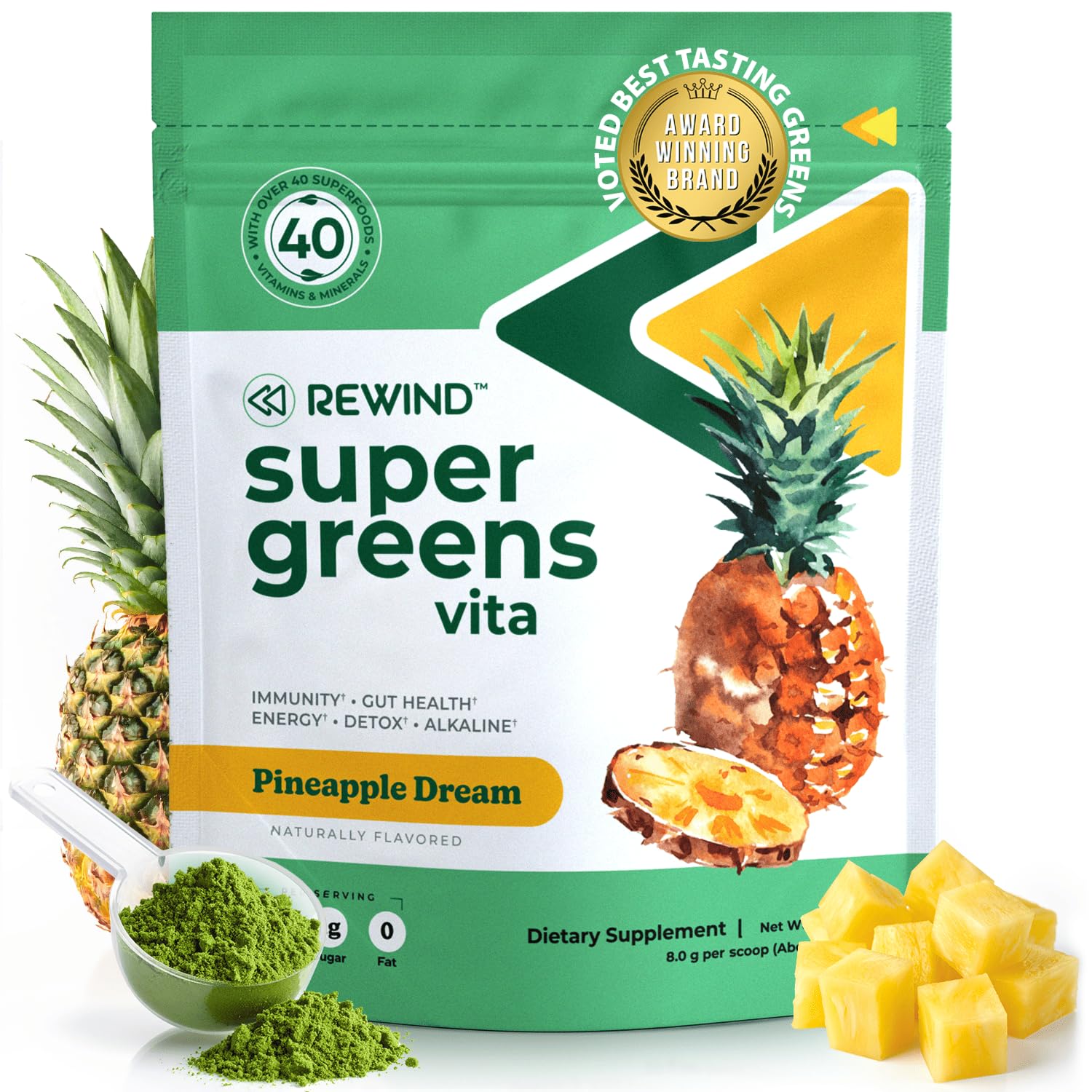 Rewind frente del empaque mostrando diseño y sabor piña, presenta conveniencia