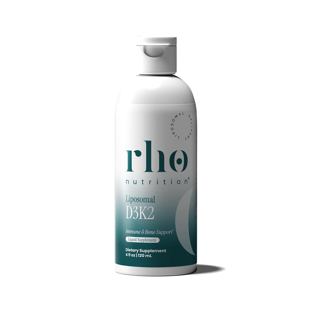 Rho Nutrition botella frontal liposomal D3K2 mostrando diseño y tamaño