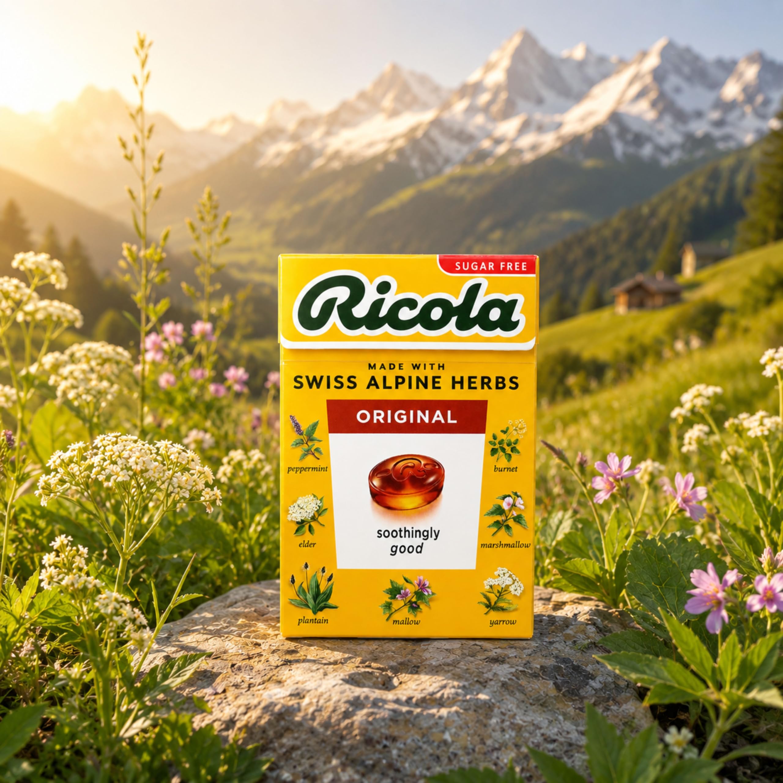 Ricola hierbas alpinas sobre fondo natural, subraya origen botánico