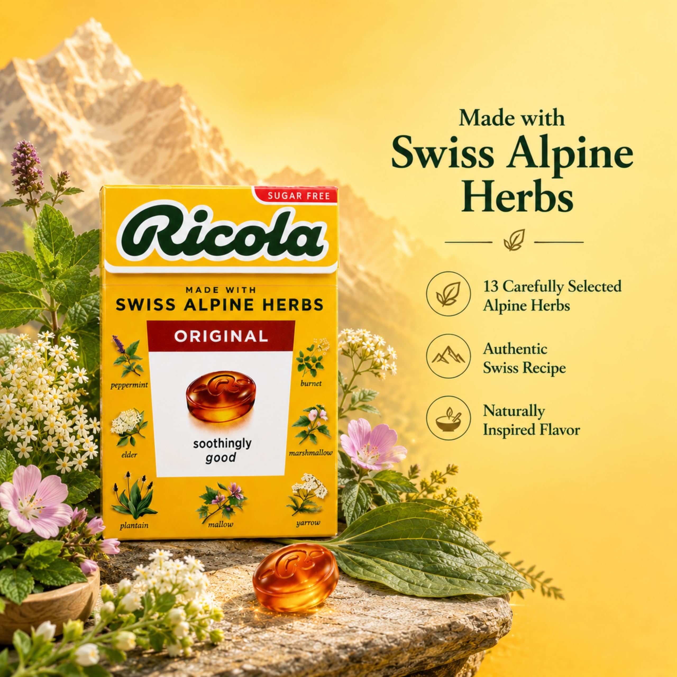 Ricola textura de pastilla en primer plano, destaca calidad y pureza