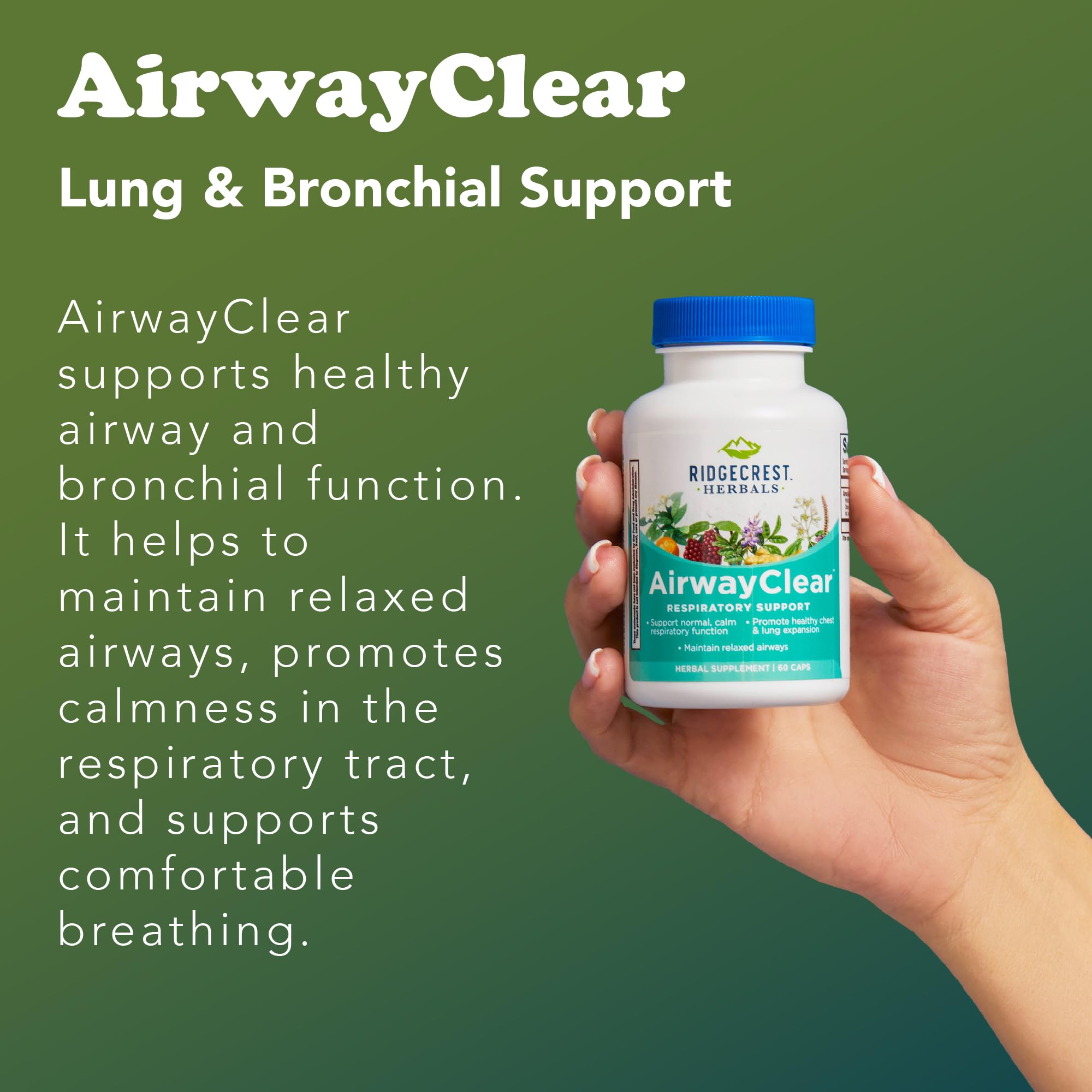 RidgeCrest Herbals AirwayClear etiqueta con lista de ingredientes y beneficios