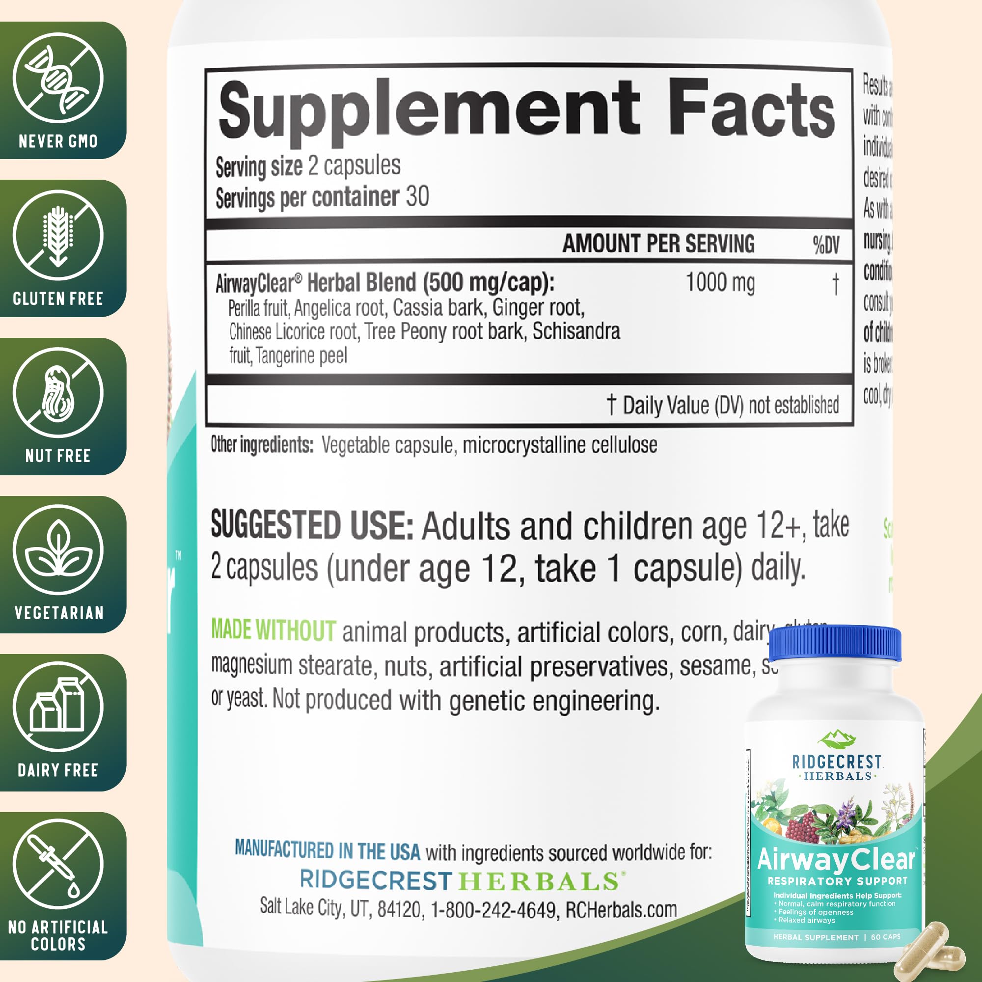 RidgeCrest Herbals AirwayClear ingredientes secos como schisandra y jengibre