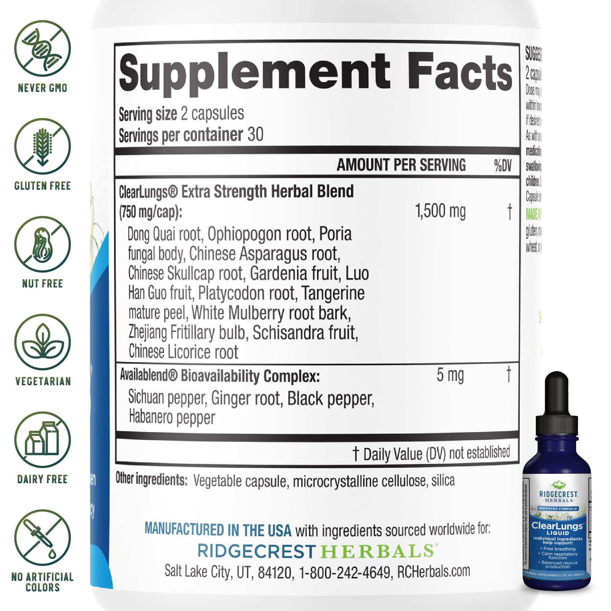 RidgeCrest Herbals etiqueta con lista de ingredientes y beneficios respiratorios