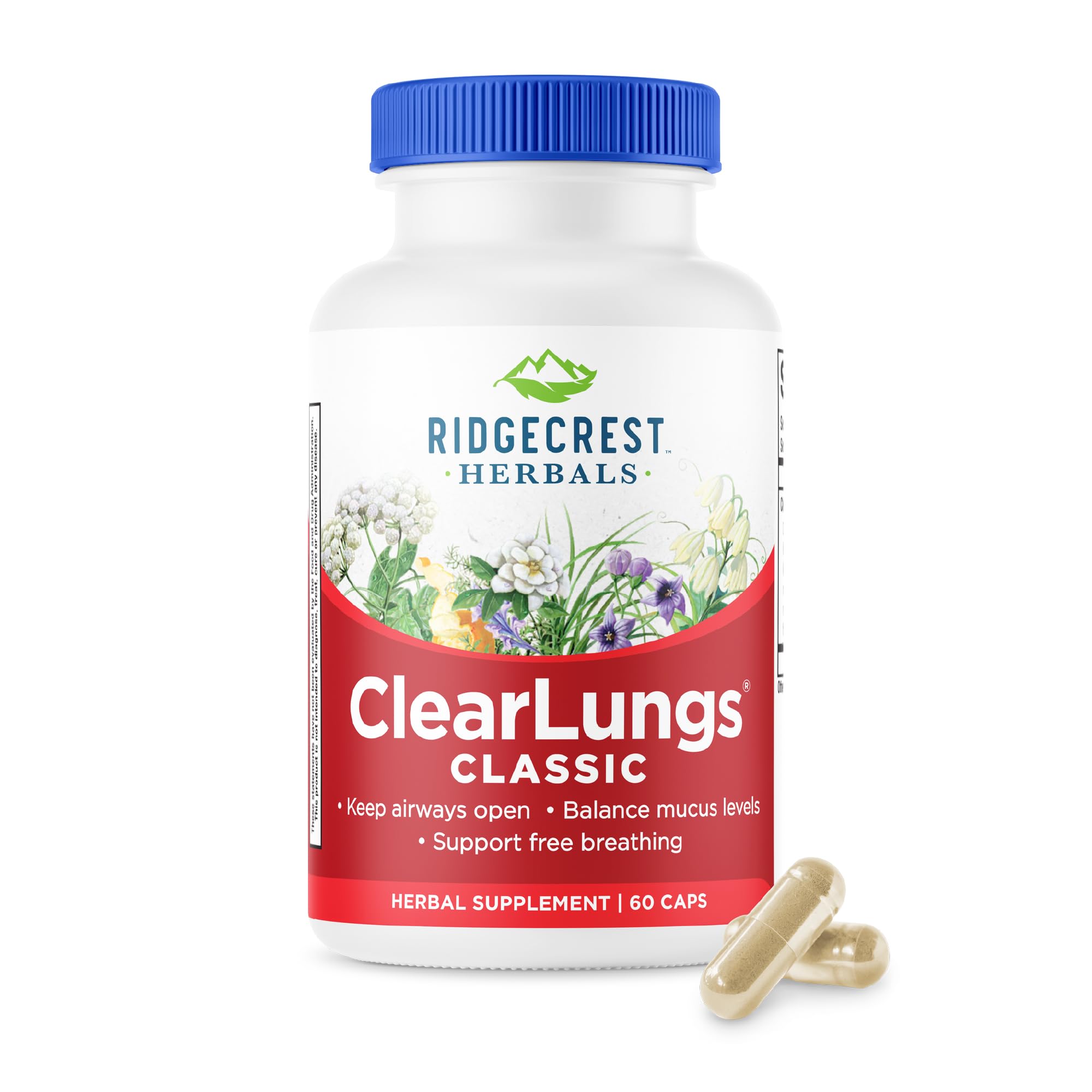 RidgeCrest Herbals frasco frontal mostrando el producto y beneficios respiratorios