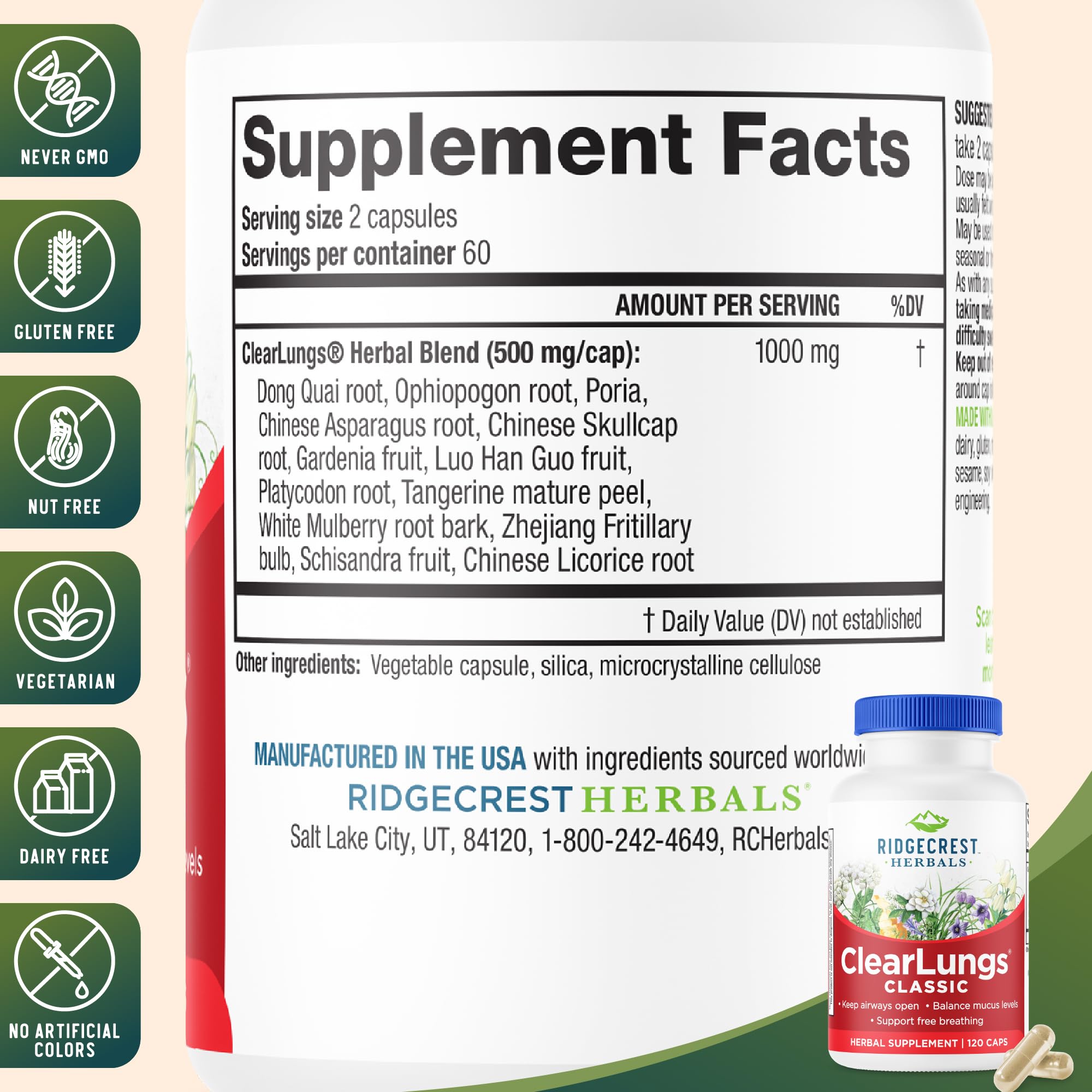 RidgeCrest Herbals ingredientes naturales dispuestos, resalta la mezcla de hierbas
